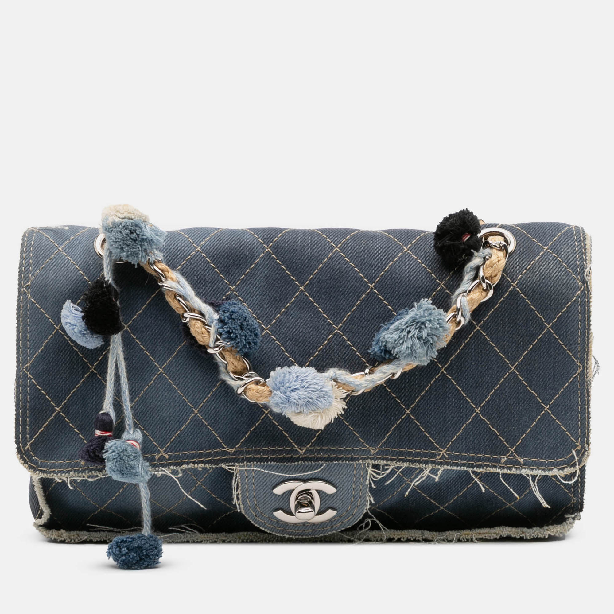 

Chanel Blue Paris Dubai Medium Quilted Denim Pompom Flap