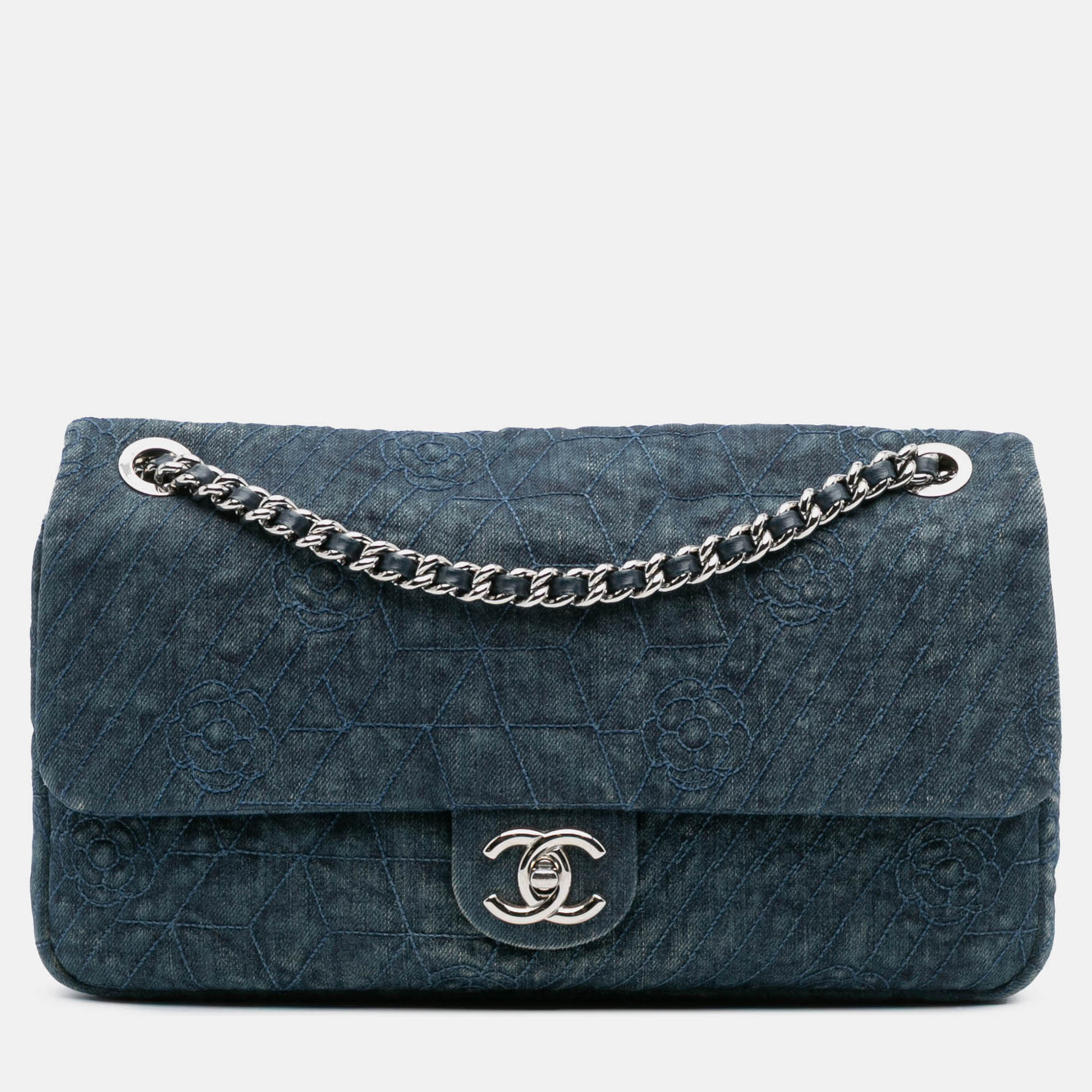

Chanel Blue Large Embroidered Denim Camellia Flap