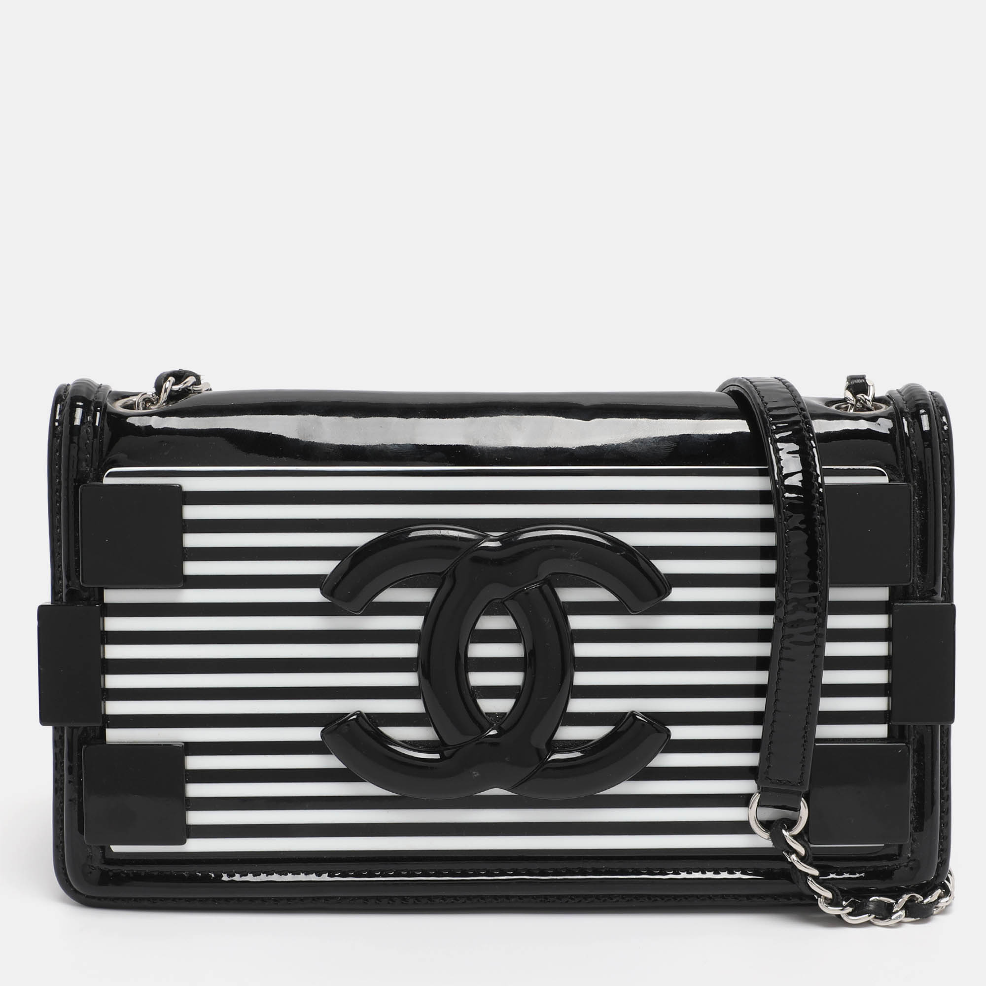 Pre-owned Chanel Black/white Stripe Plexiglass And Patent Leather East/west Boy Brick Flap Bag