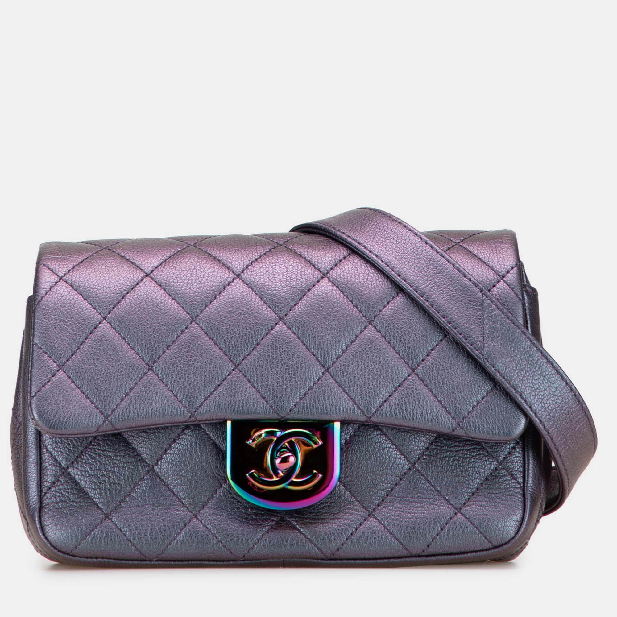

Chanel Purple Small Iridescent Goatskin Double Carry Waist Chain Flap