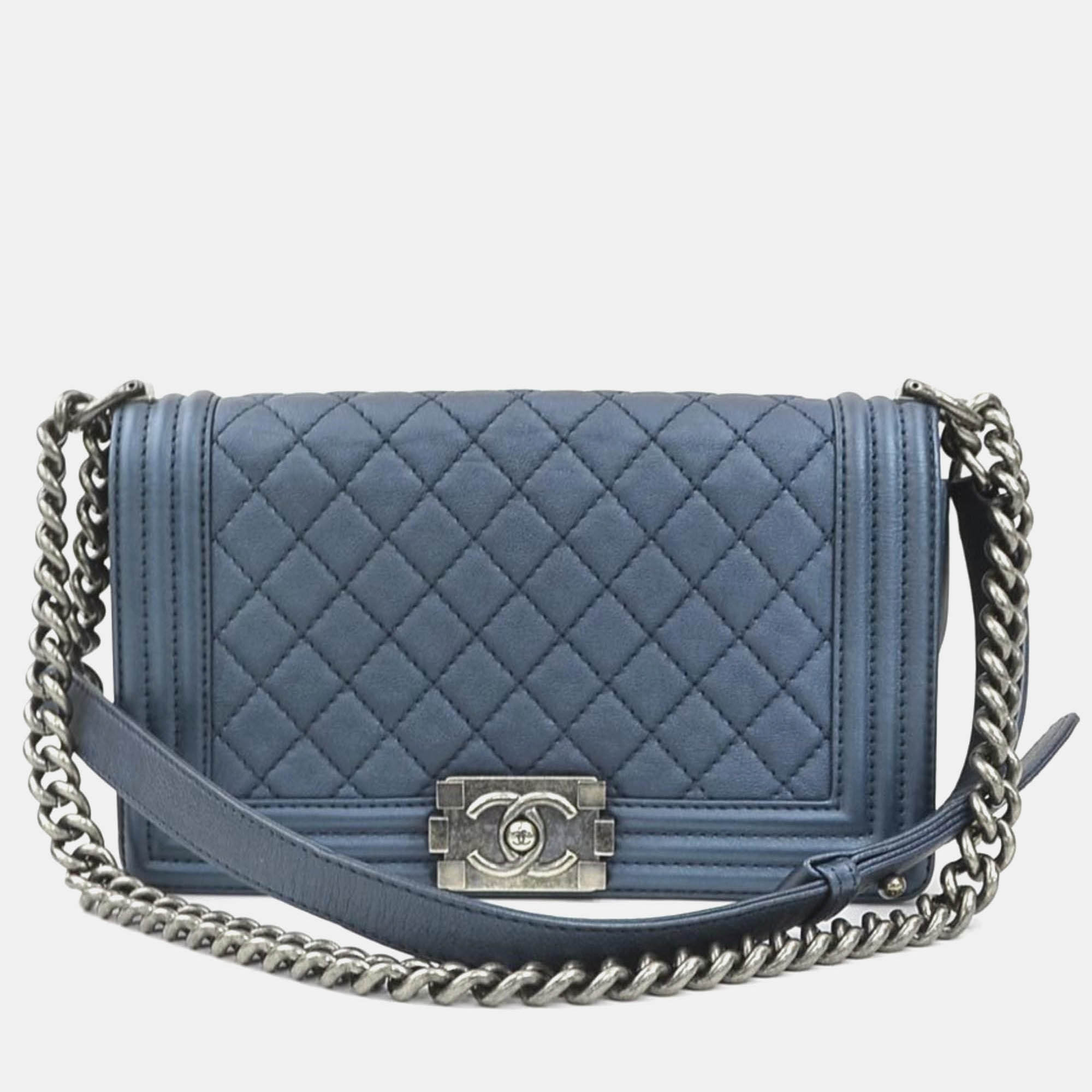 

Chanel Boy Chanel Leather Shoulder Bag In Metallic Navy, Navy blue