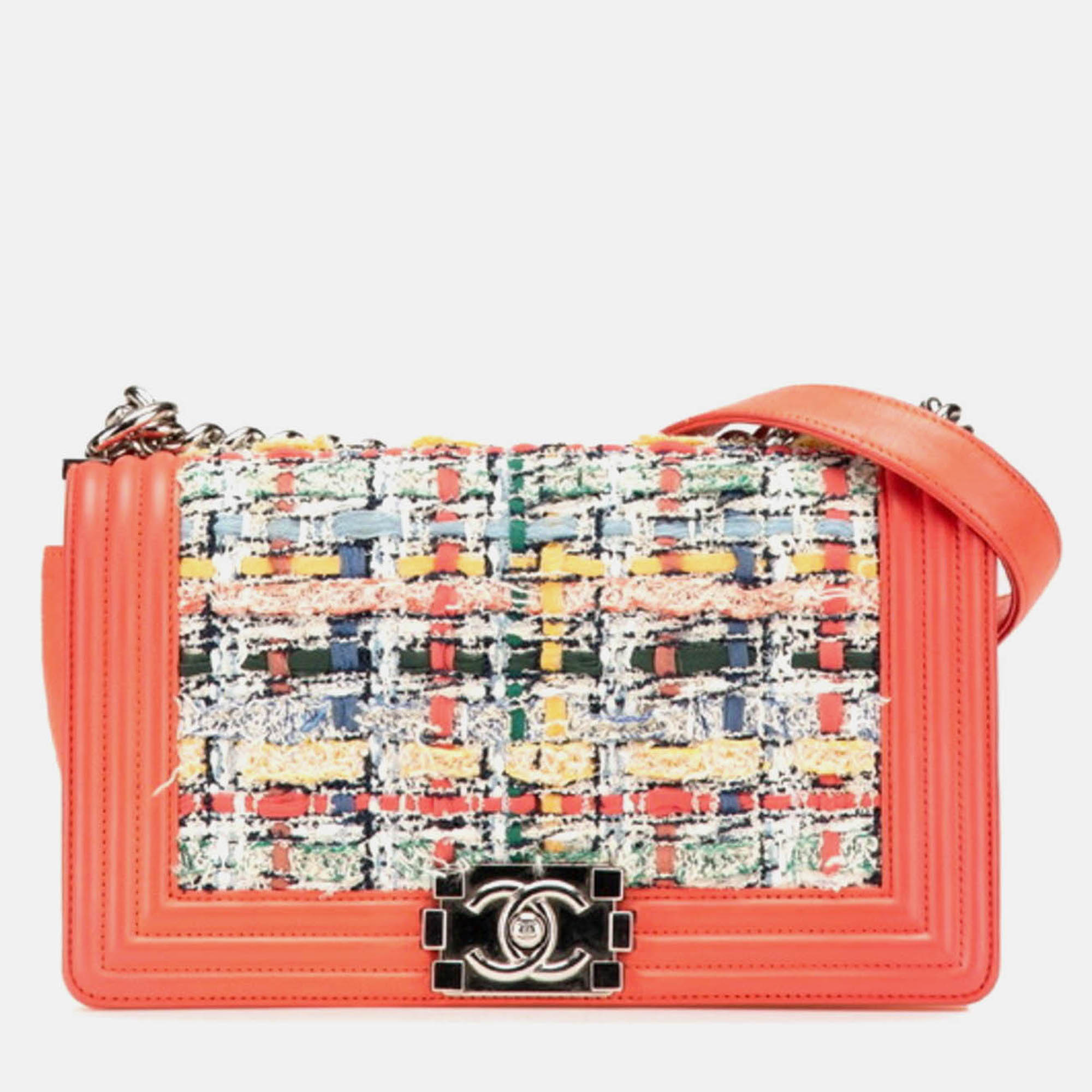 

Chanel Coco Mark Boy 25 Shoulder Bag In Orange Multicolored Tweed And Lambskin