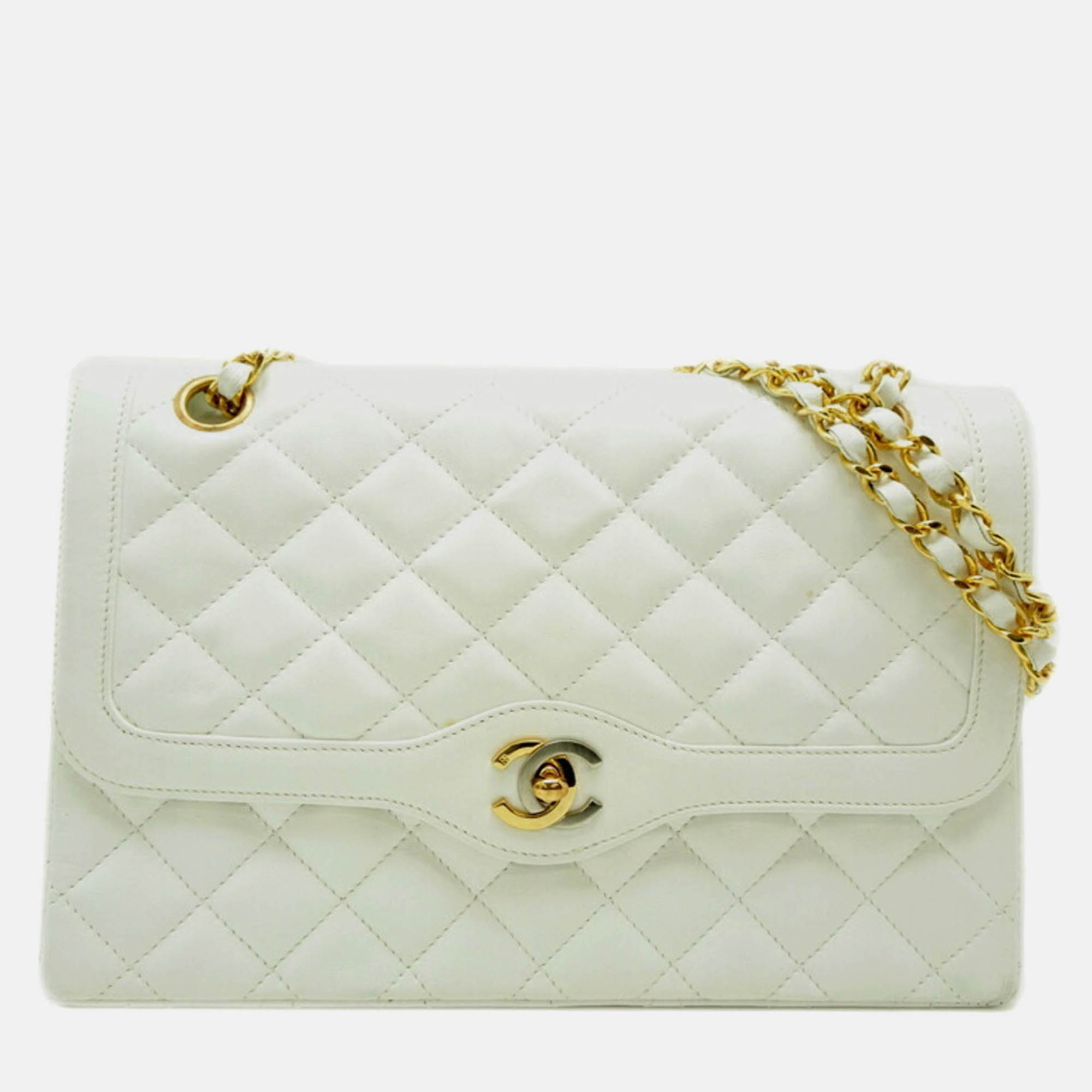 

Chanel Paris Limited Edition Double Flap Shoulder Bag In White Lambskin
