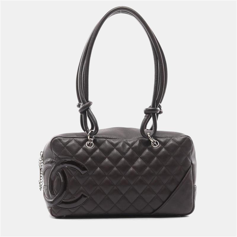 

Chanel Cambon Bowling Bag Shoulder Leather Patent Leather Brown