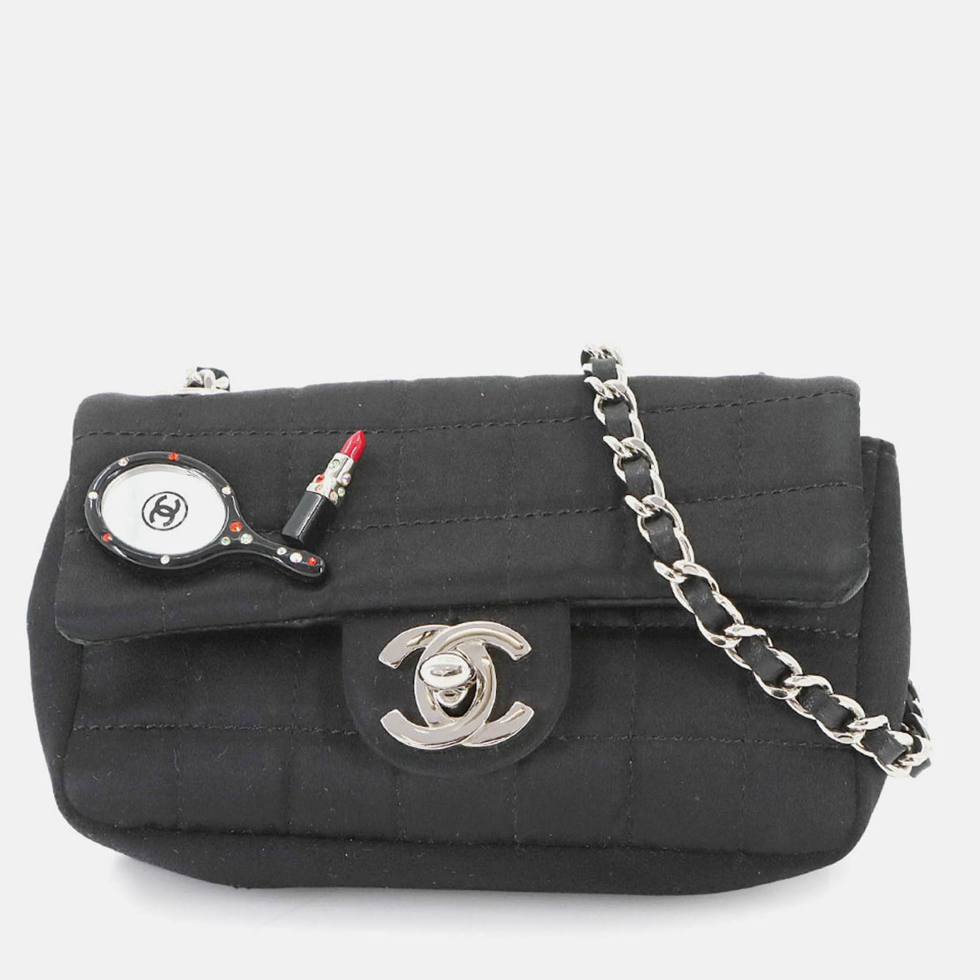 Chanel Chocolate Bar Mirror Lip Mini Chain Shoulder Bag Satin Black