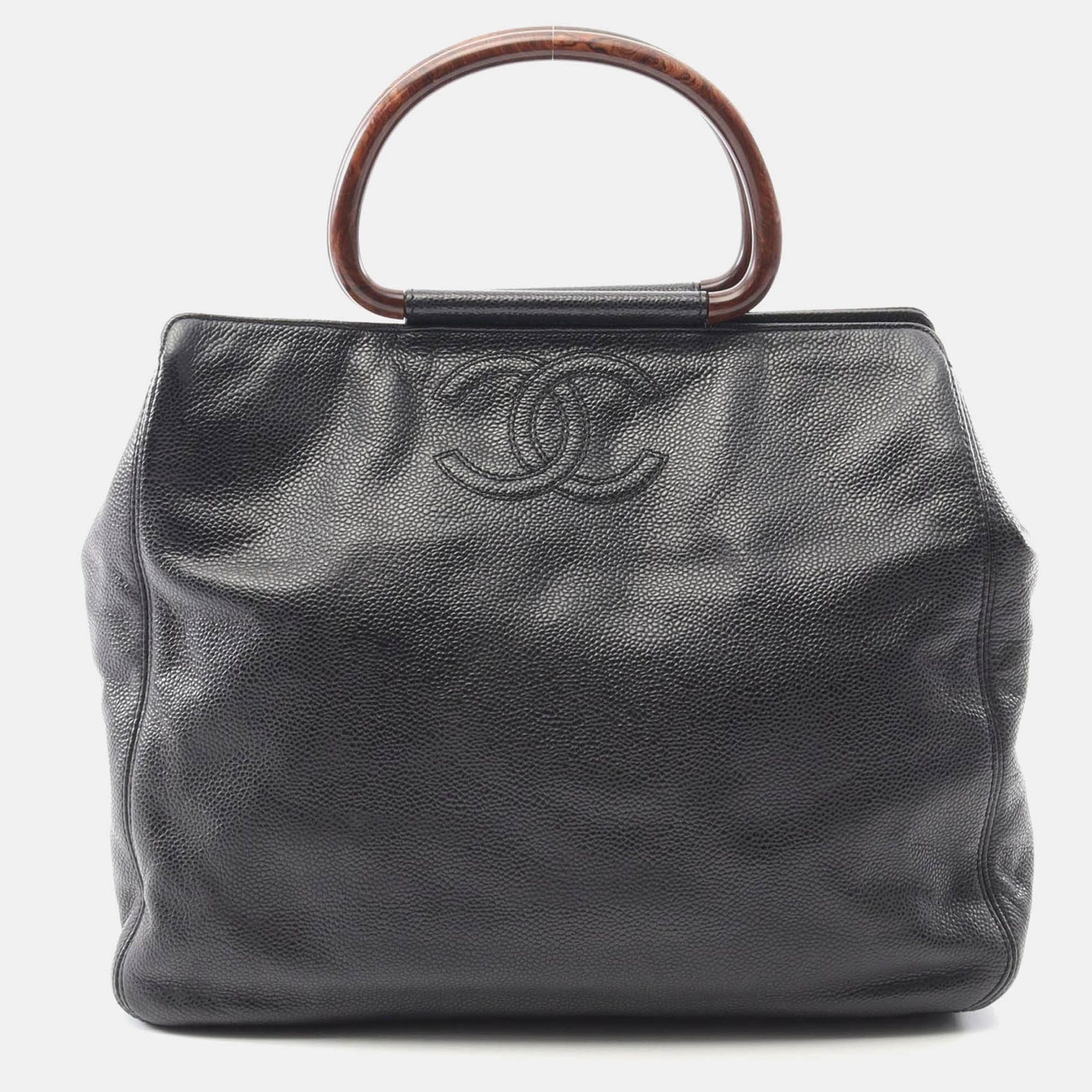 

Chanel Wooden Handle Black Calfskin Tote Bag