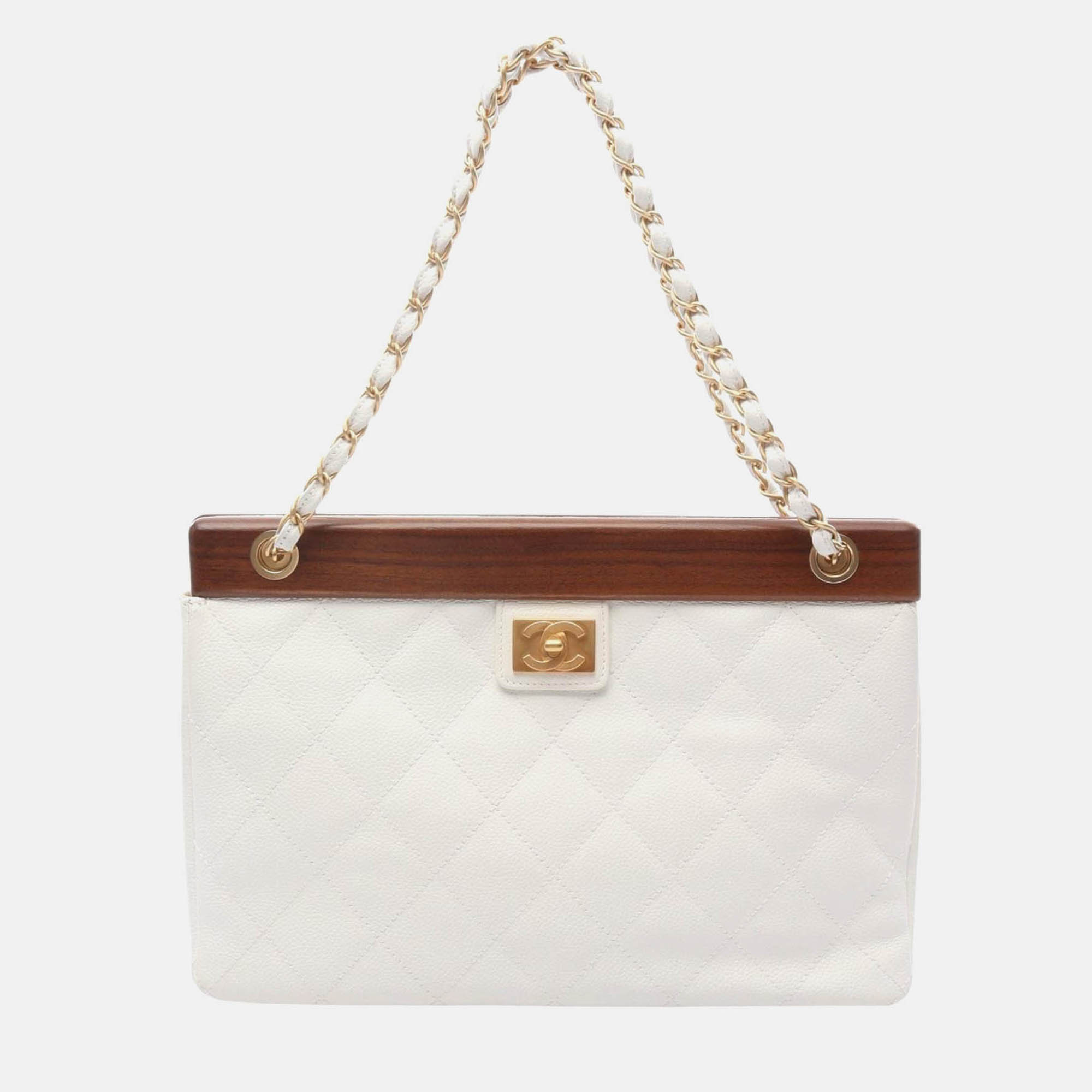 

Chanel CC Coco White/Brown Calfskin Wood Chain Shoulder Handbag