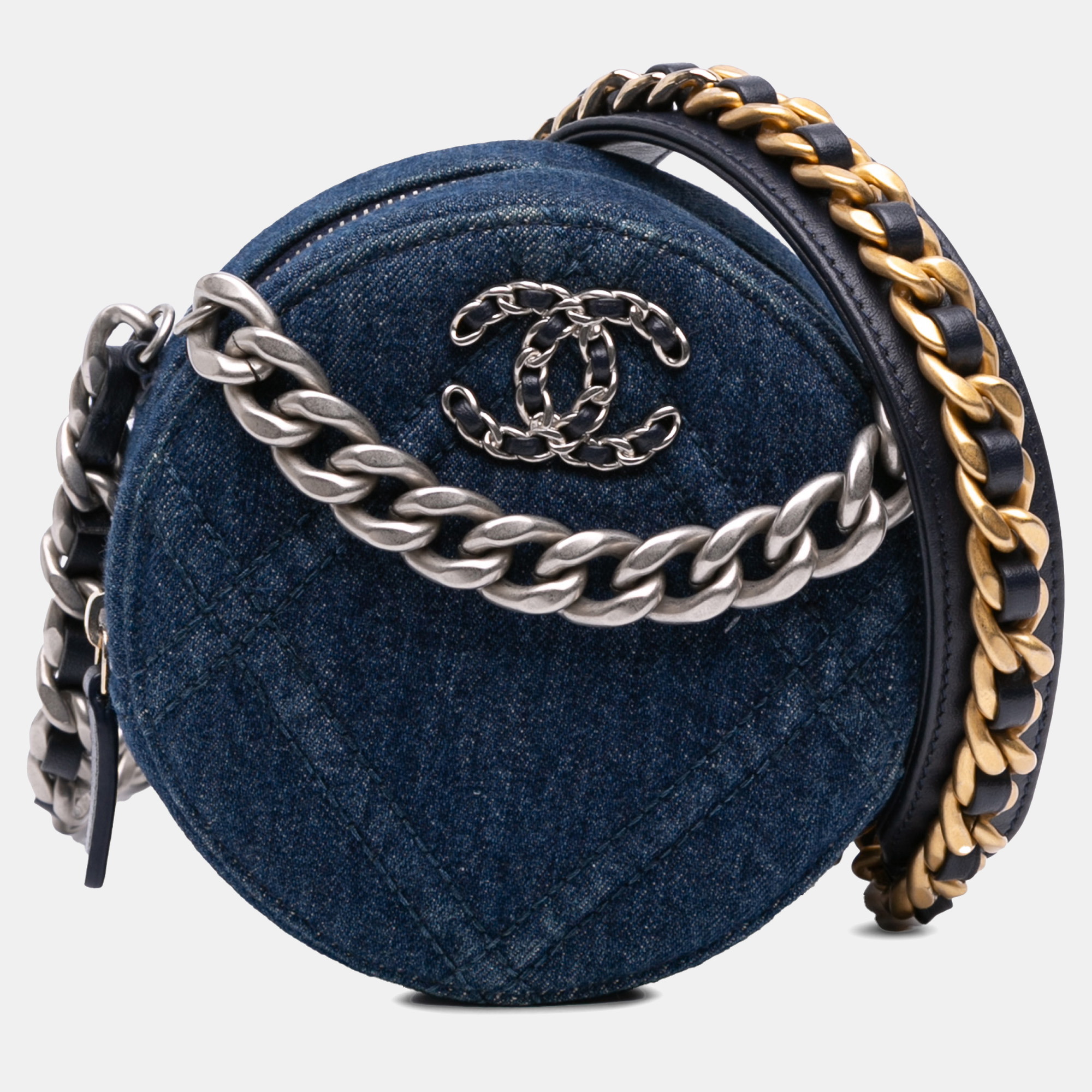 Pre-owned Chanel Blue Denim 19 Round Clutch With Chain