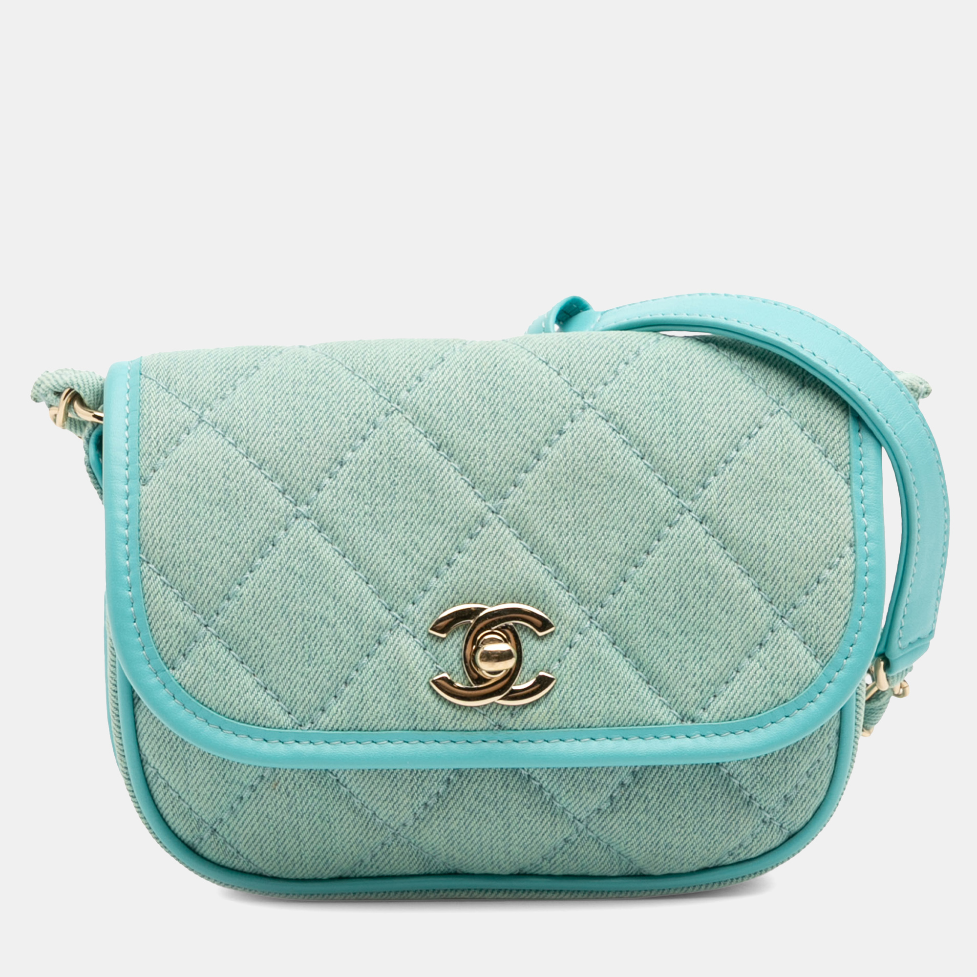 Pre-owned Chanel Blue Mini Cc Quilted Denim Messenger Flap