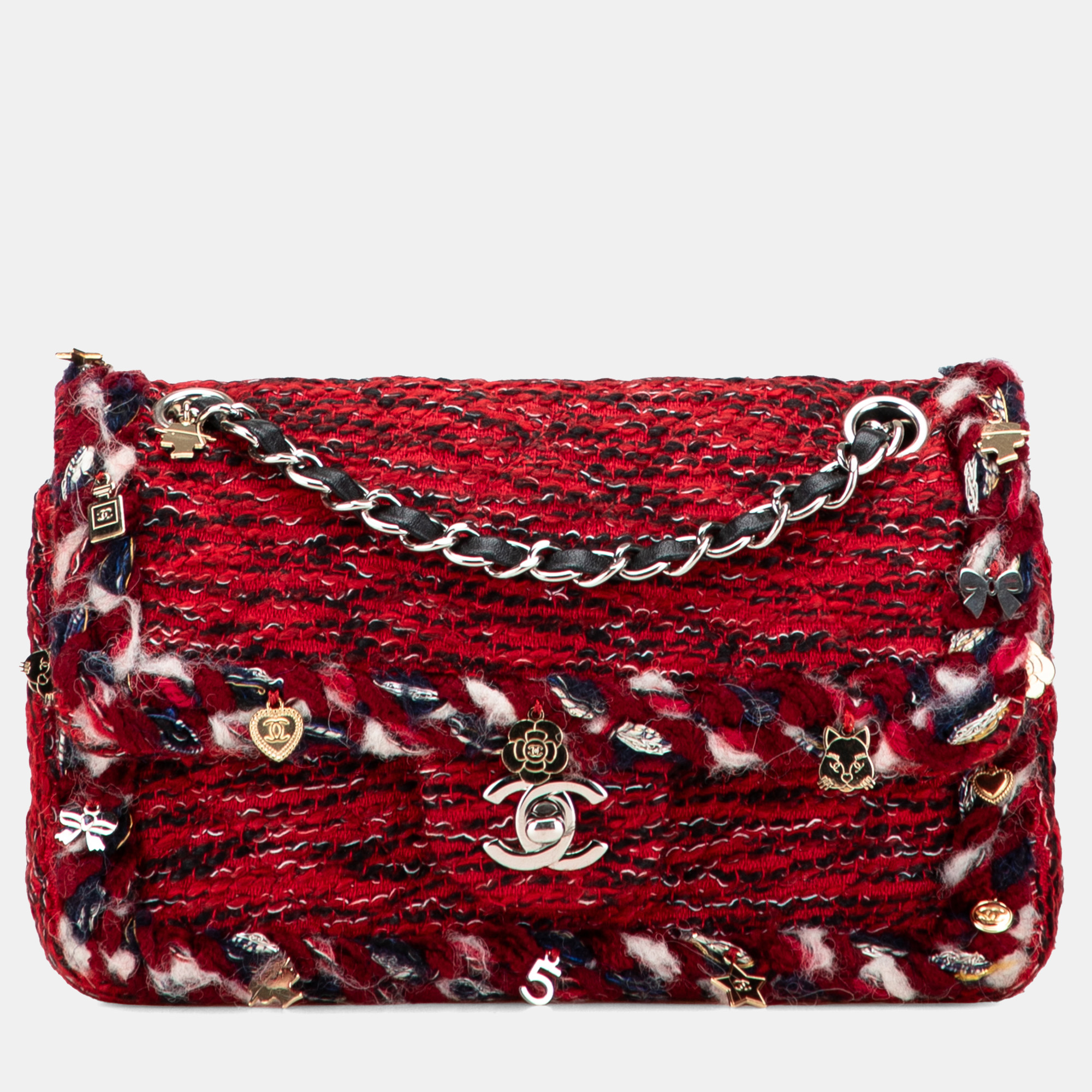 

Chanel Red Small Classic Tweed Charm Double Flap