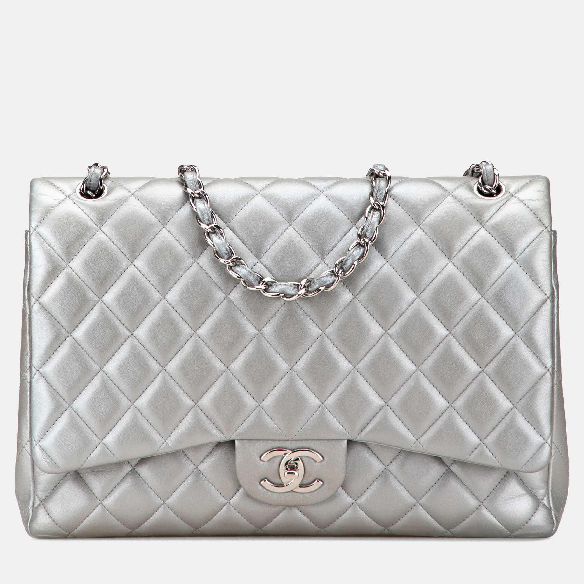 

Chanel Silver Maxi Classic Lambskin Double Flap