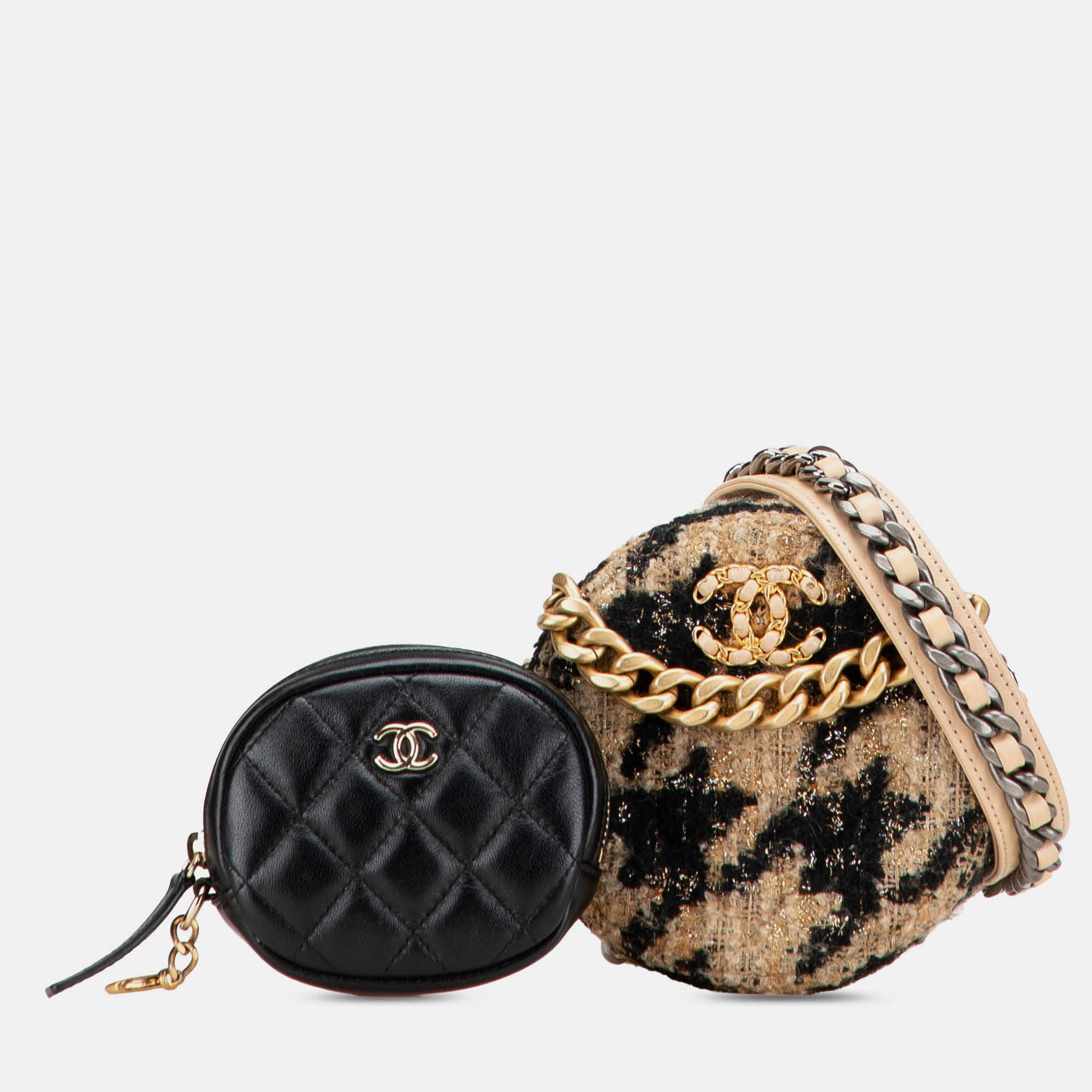 

Chanel Brown Tweed 19 Round Clutch with Chain and Coin Purse