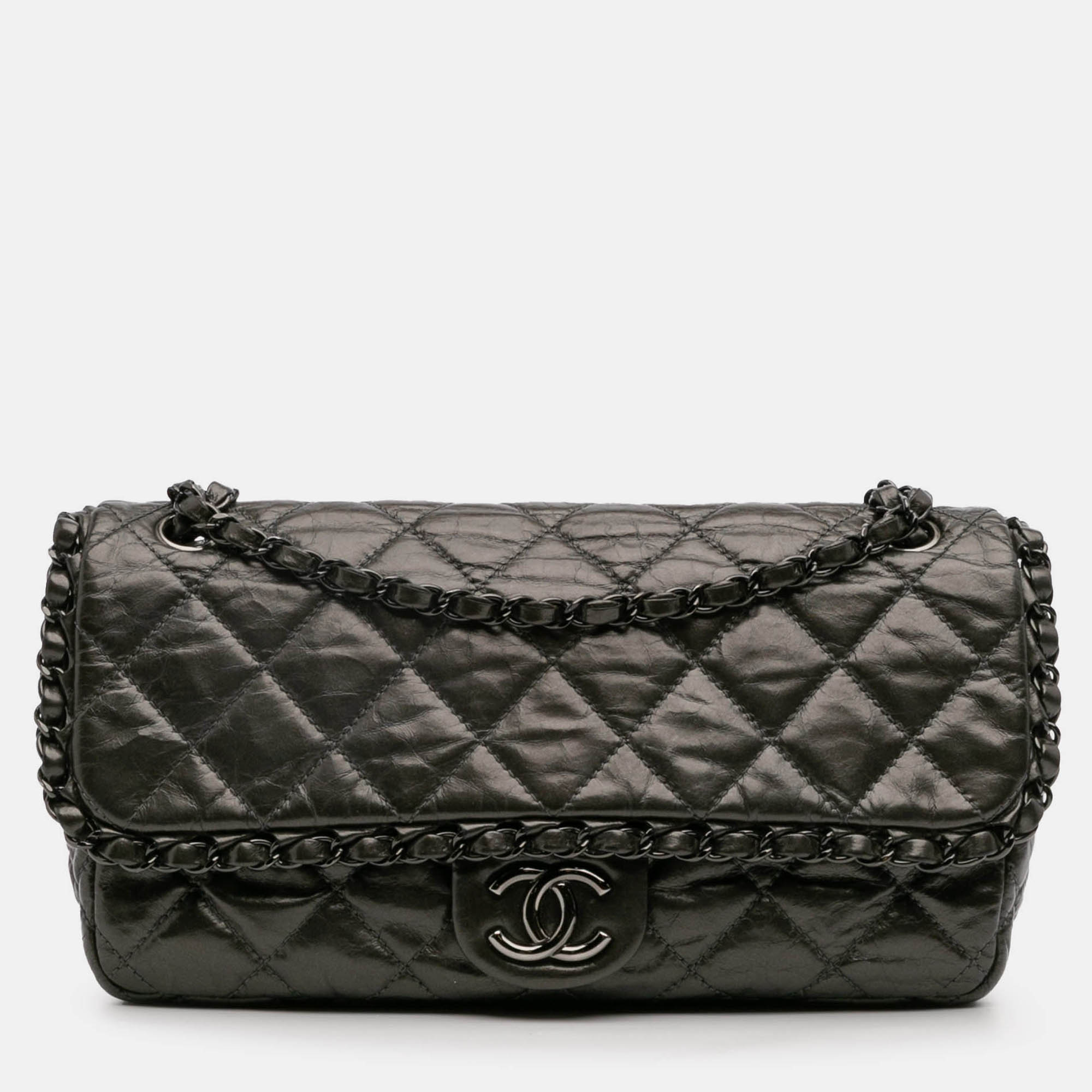 

Chanel Grey Medium Quilted Metallic Aged Calfskin Chain Me Flap