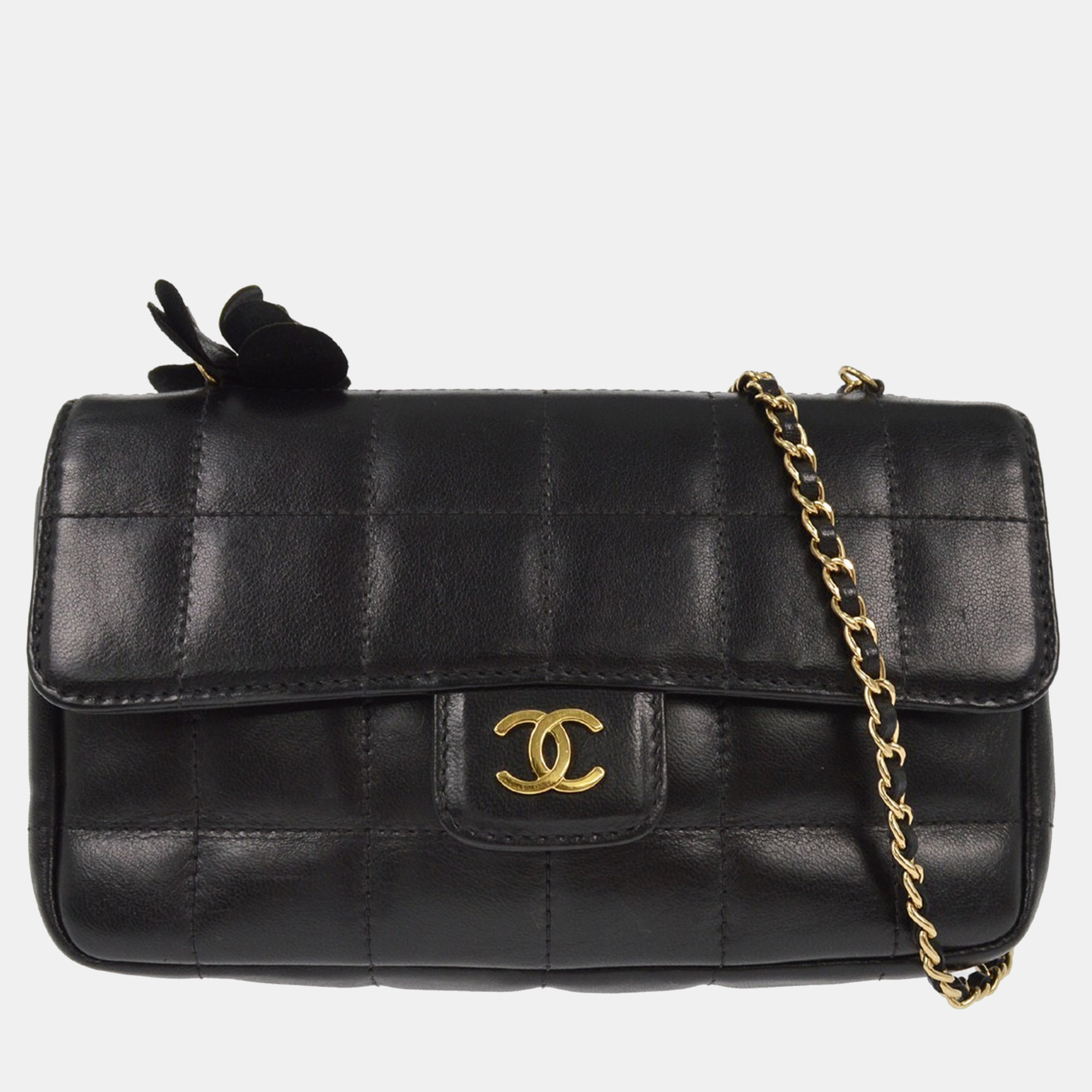 

Chanel Black Lambskin Camellia Choco Bar Shoulder Bag