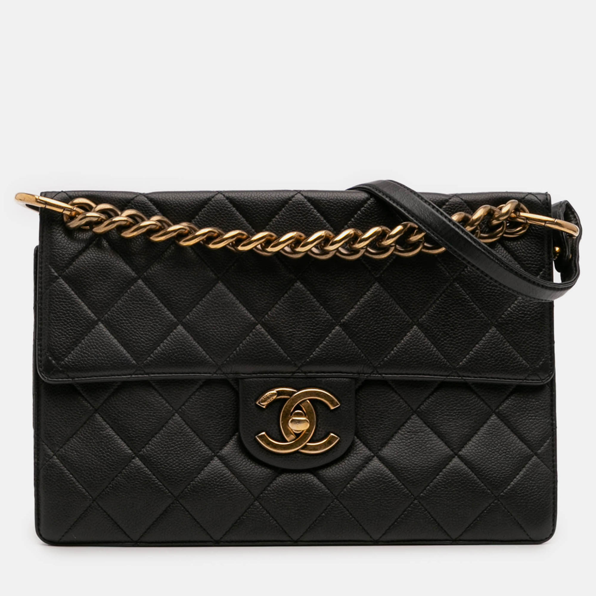 

Chanel Black Jumbo CC Quilted Caviar Chunky Chain Flap