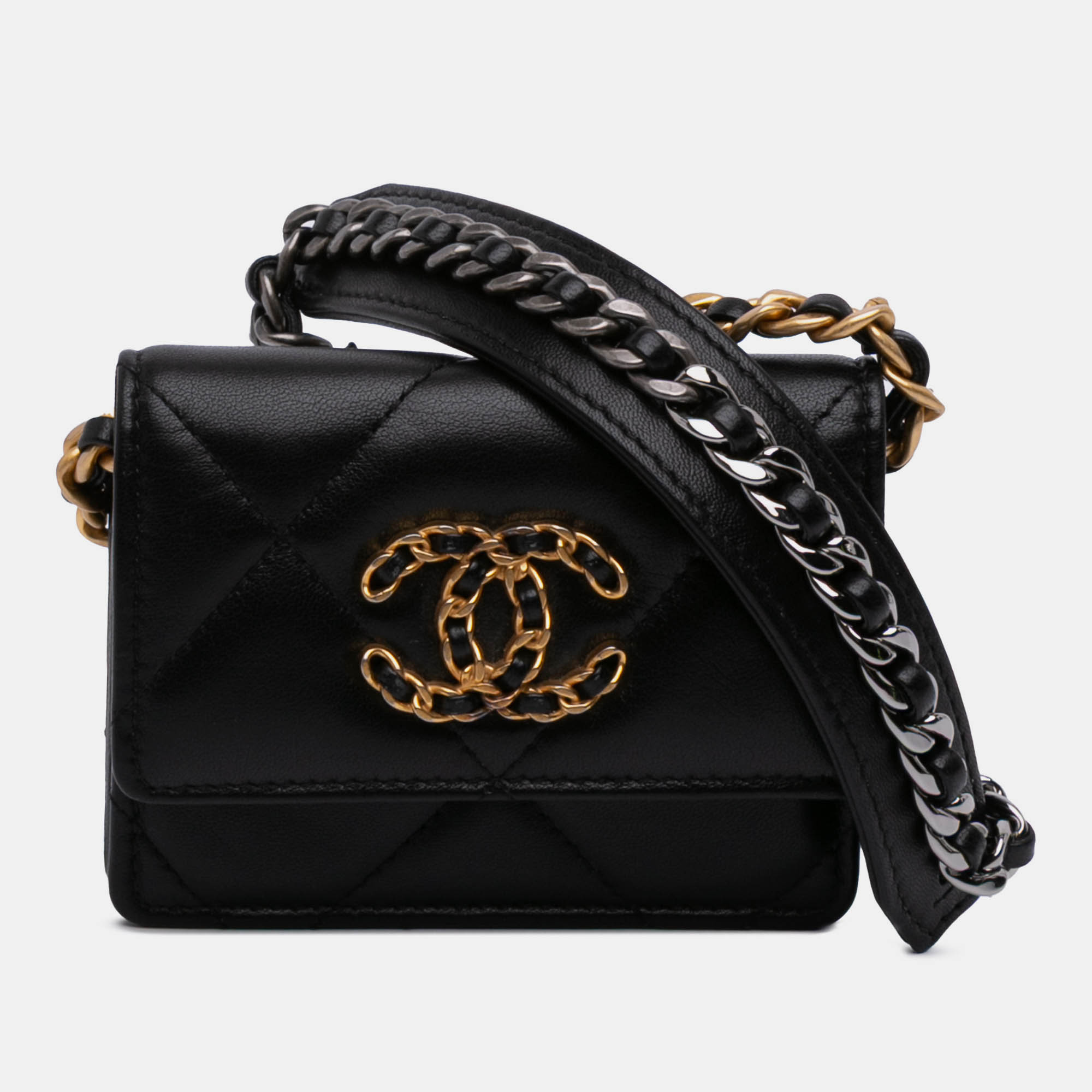 Pre-owned Chanel Black Lambskin 19 Flap Coin Purse With Chain