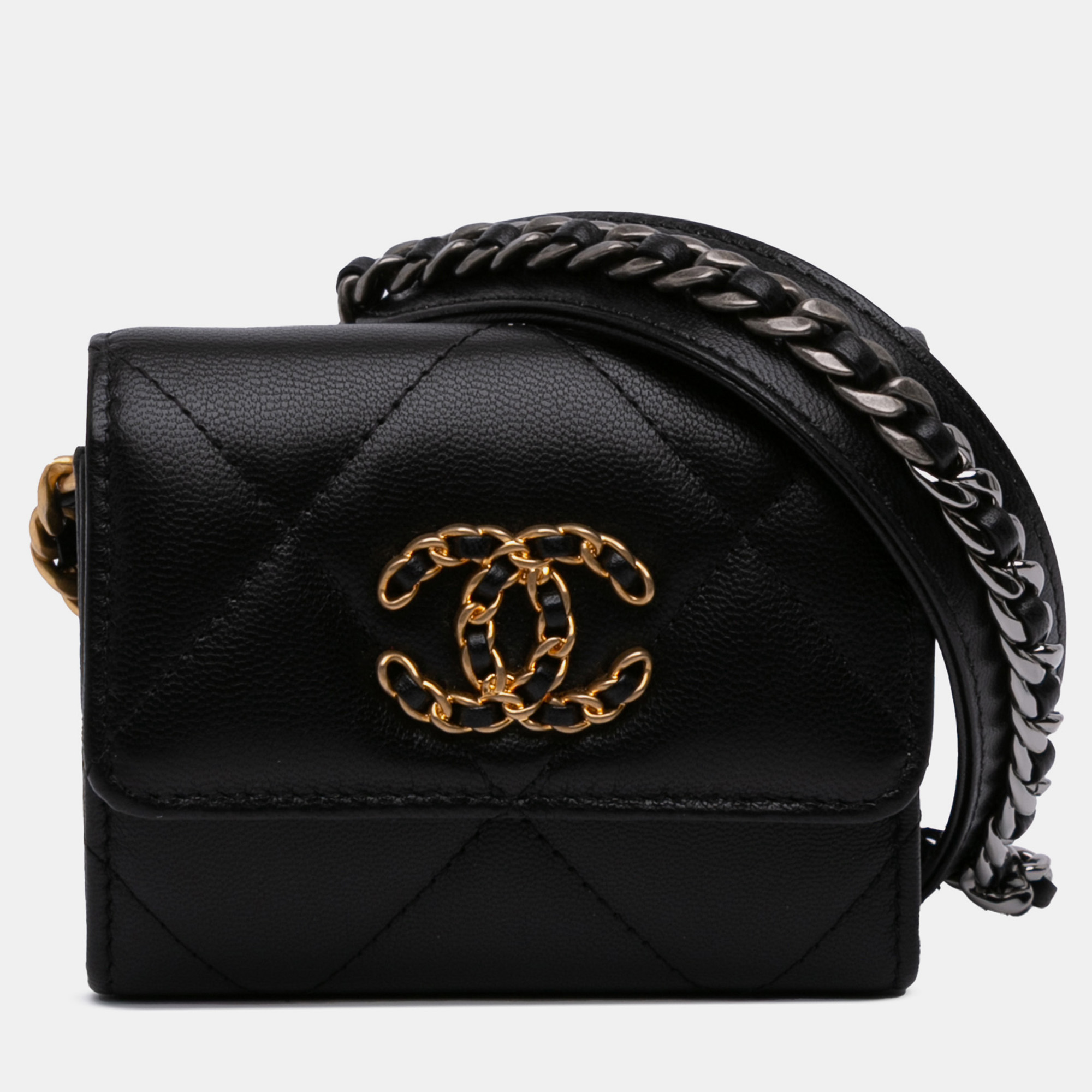 Chanel Black Lambskin 19 Flap Coin Purse With Chain