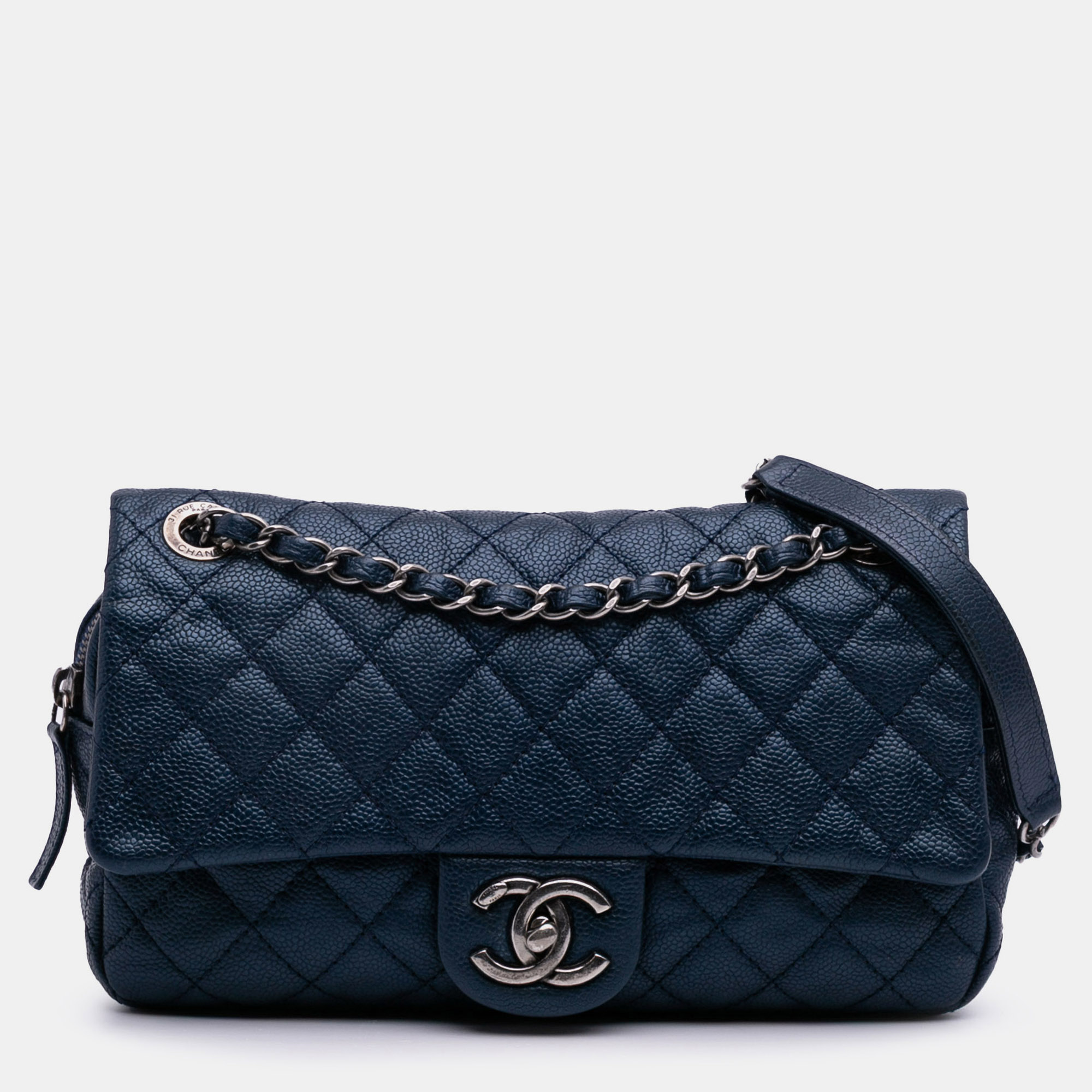 Pre-owned Chanel Blue Medium Quilted Iridescent Caviar Easy Flap
