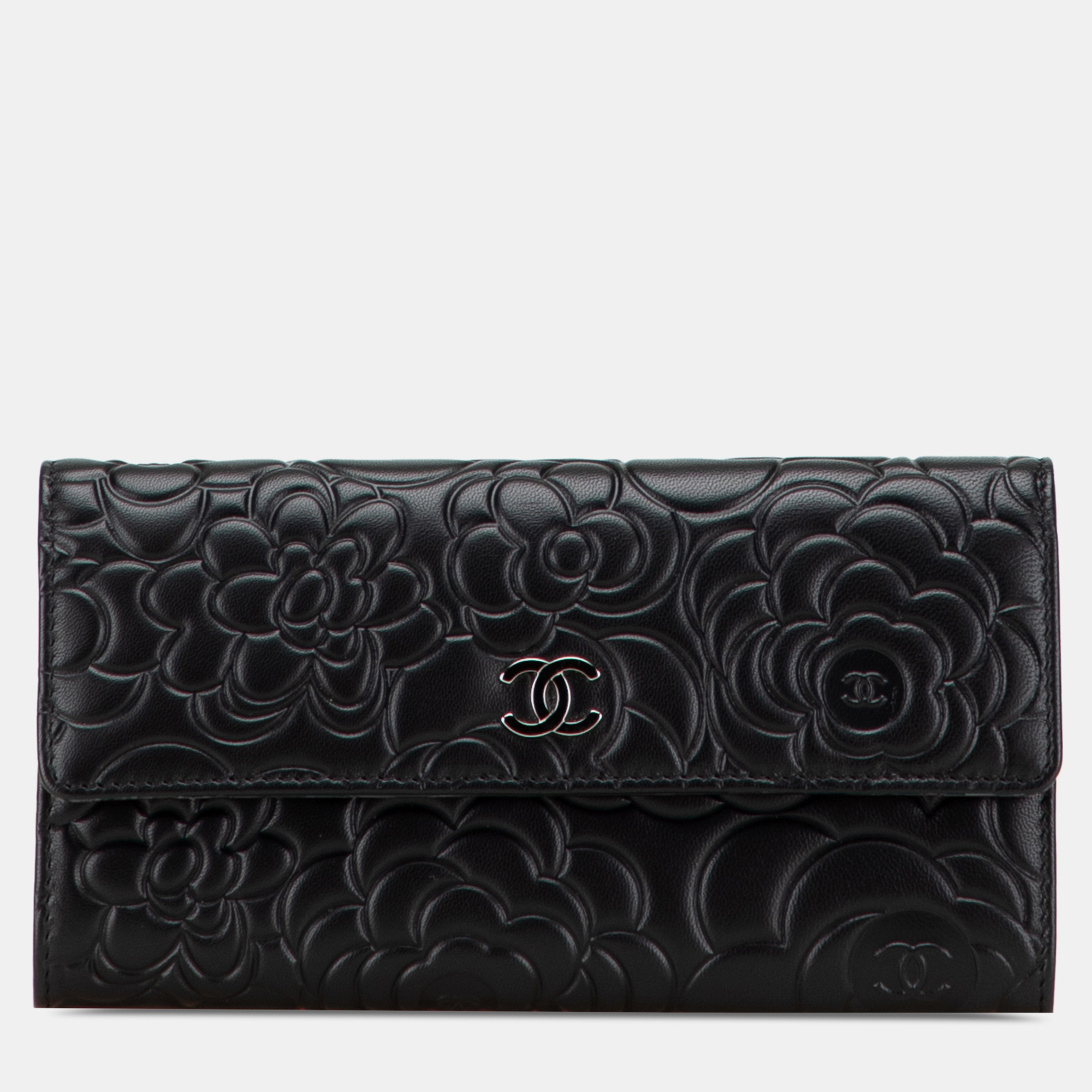 

Chanel Black CC Lambskin Embossed Camellia Flap Wallet