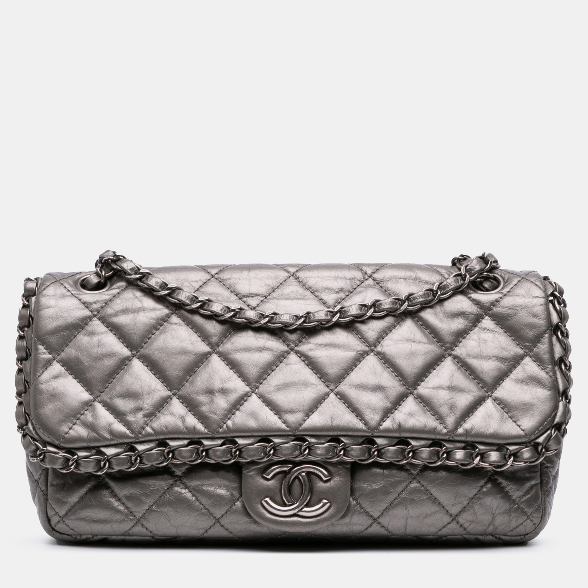 

Chanel Grey Medium Quilted Metallic Aged Calfskin Chain Me Flap