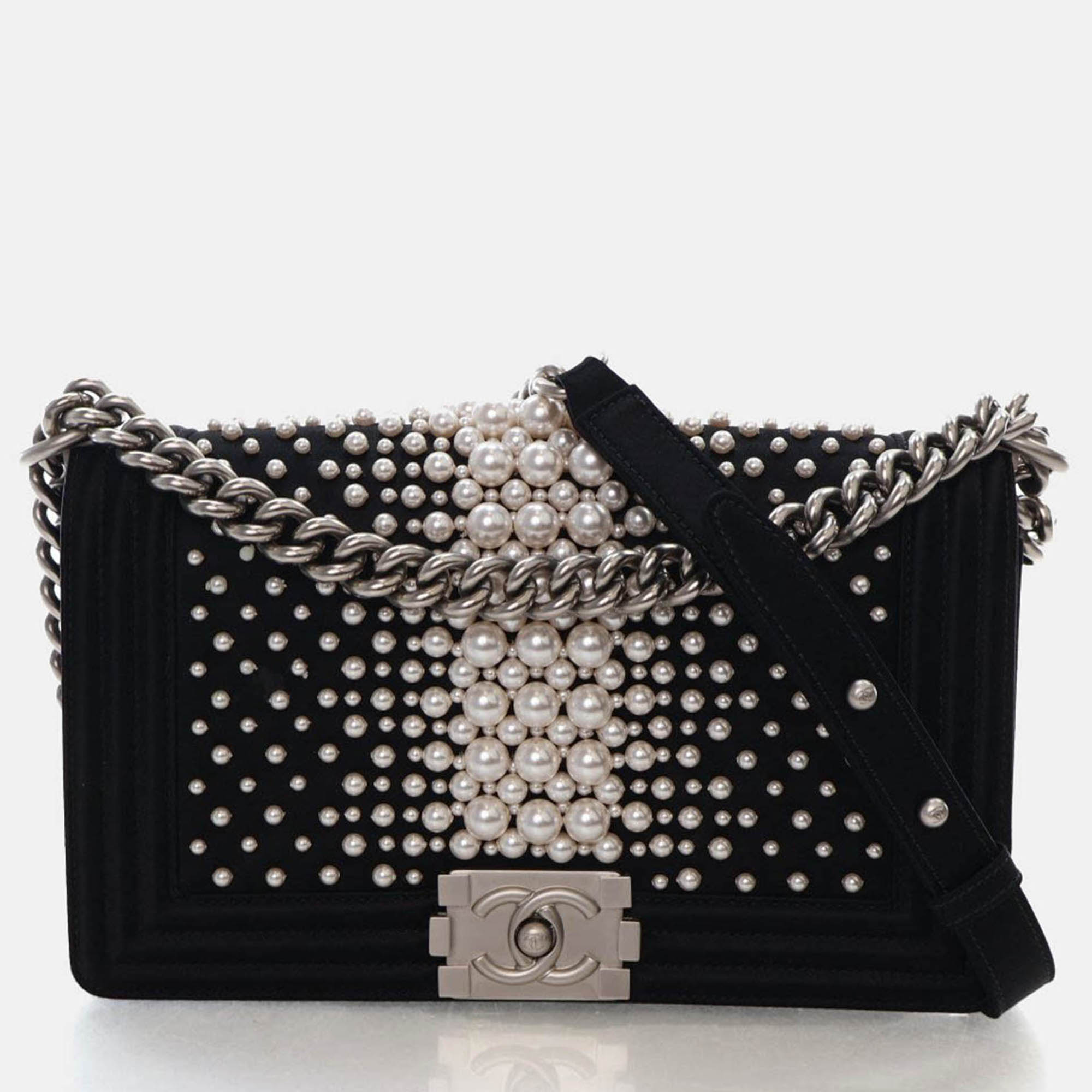 

Chanel Medium Pearl Embellished Satin Boy Bag, Black
