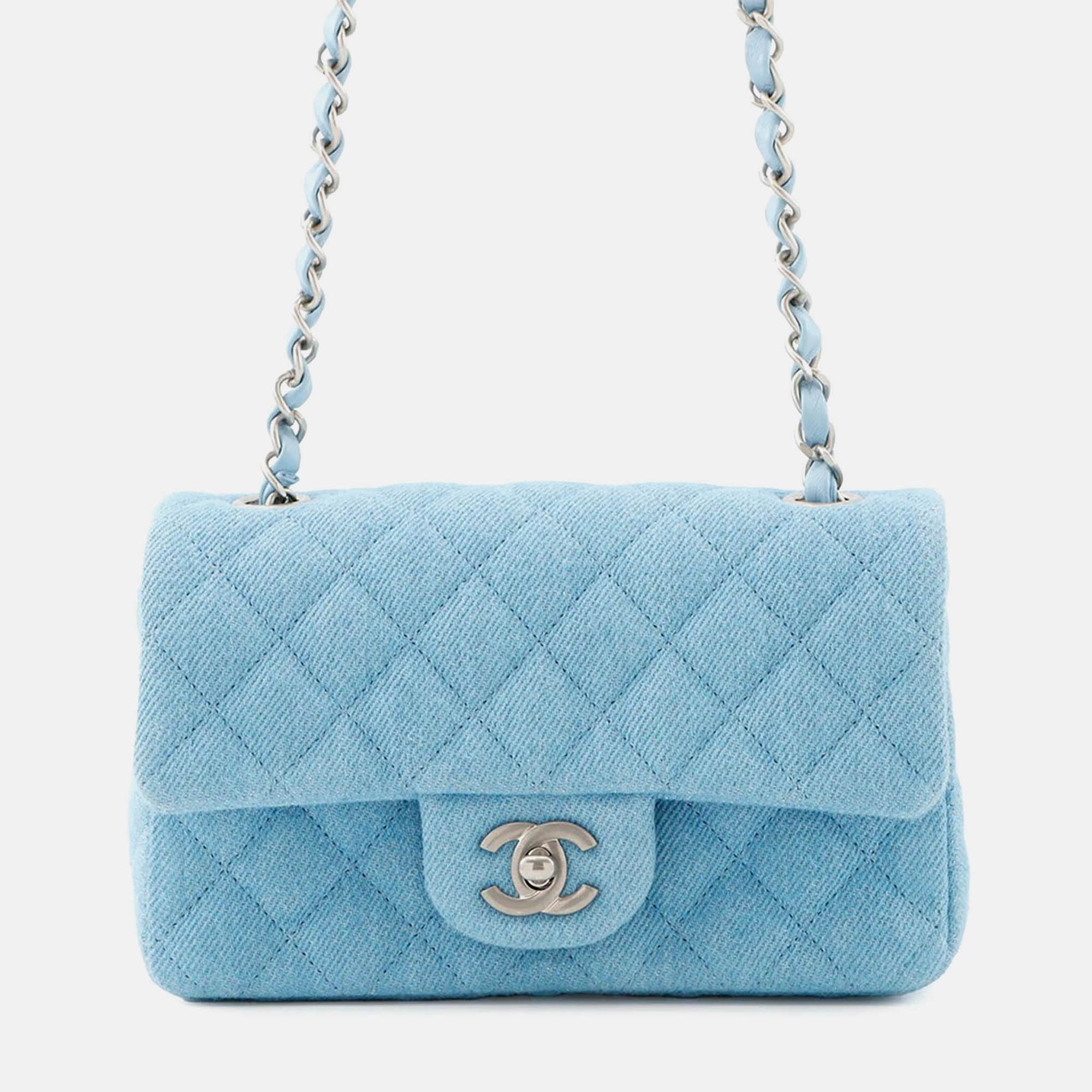 Pre-owned Chanel Matelasse Blue Denim Mini Chain Shoulder Bag