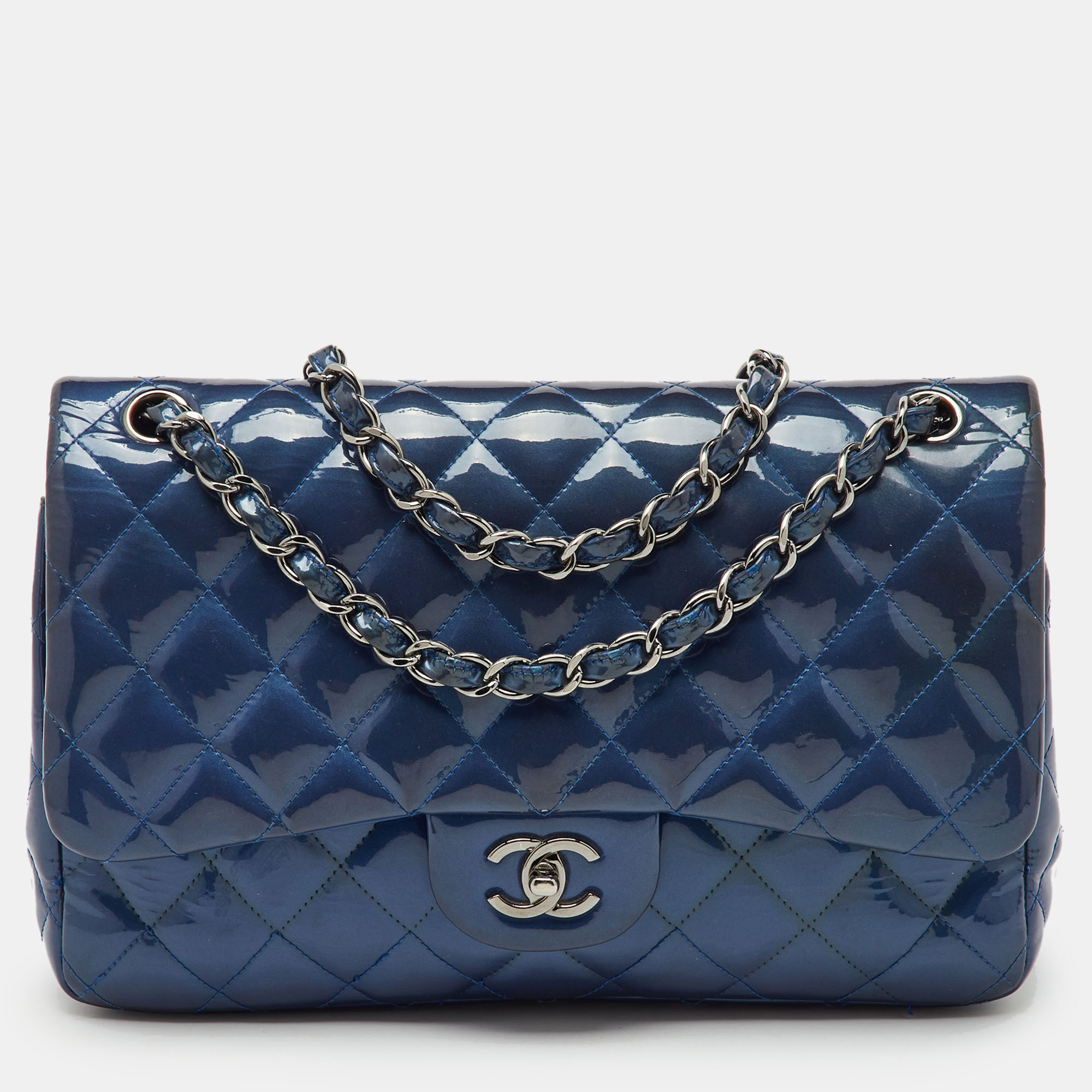 

Chanel Navy Blue Iridescent Patent Leather Classic Jumbo Double Flap Bag