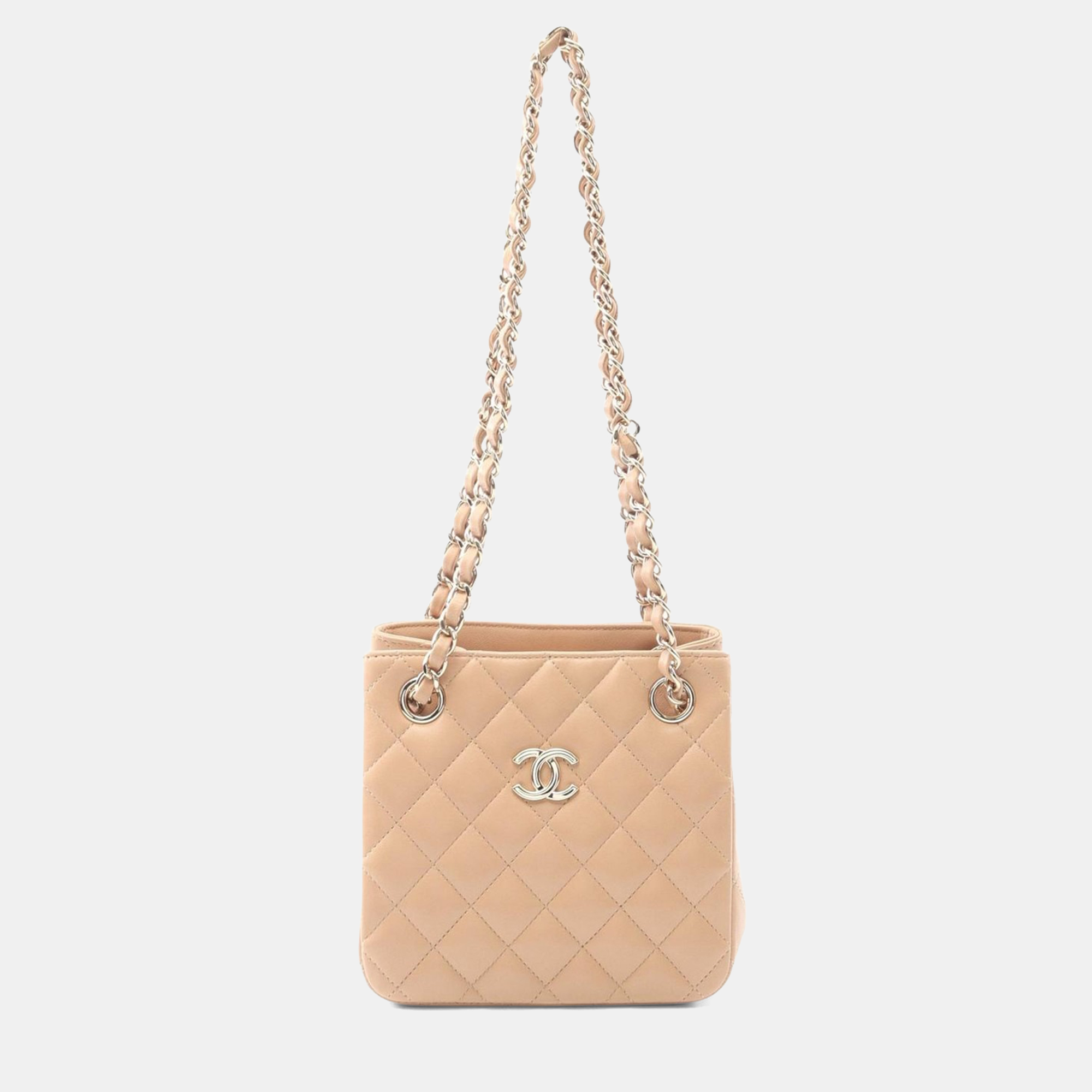 Pre-owned Chanel Mini Chain Bucket Shoulder Bag Lambskin Sheep Leather Beige Cc In Sand