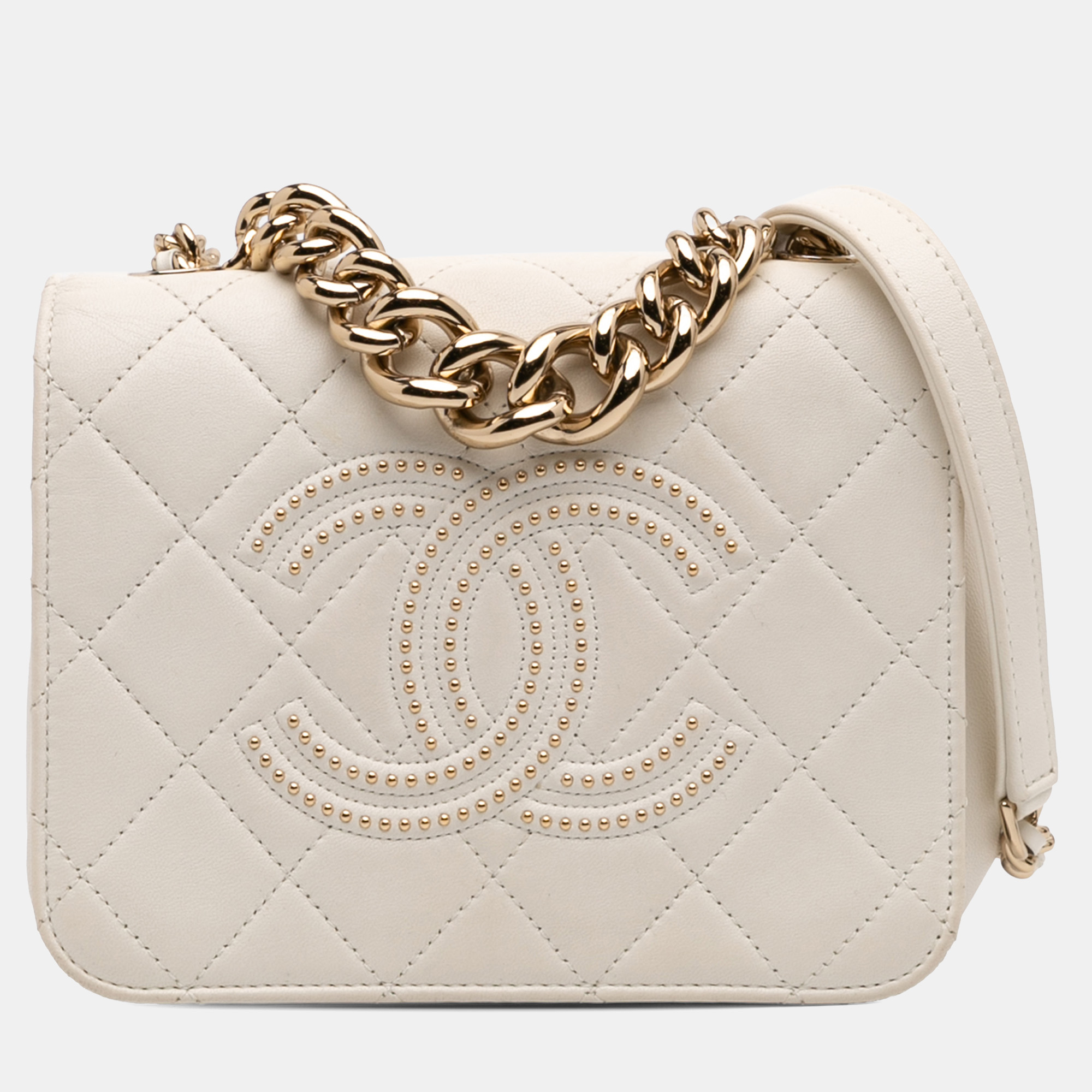 

Chanel White Quilted Lambskin Studded Beauty Begins Flap