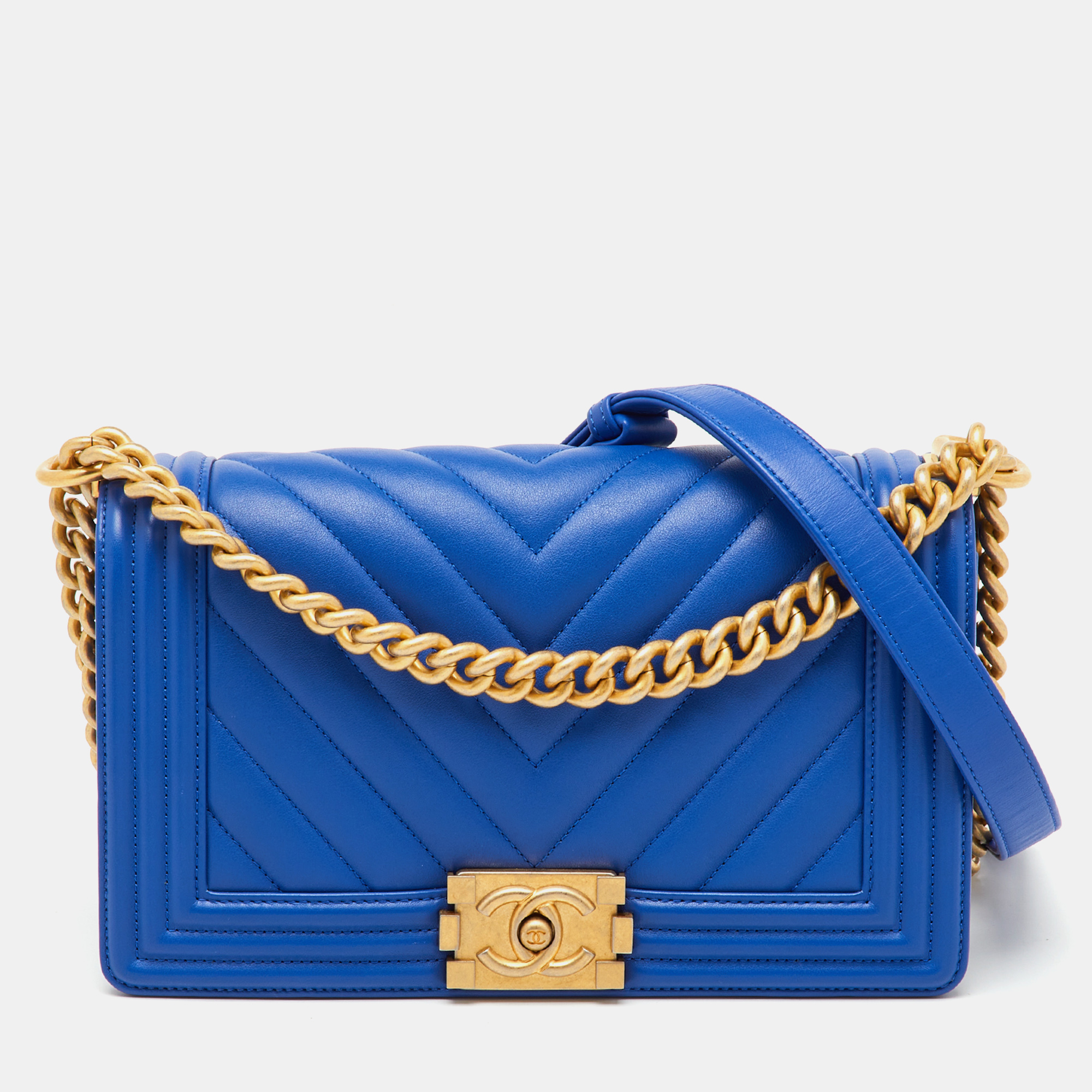 

Chanel Blue Chevron Leather  Boy Flap Bag