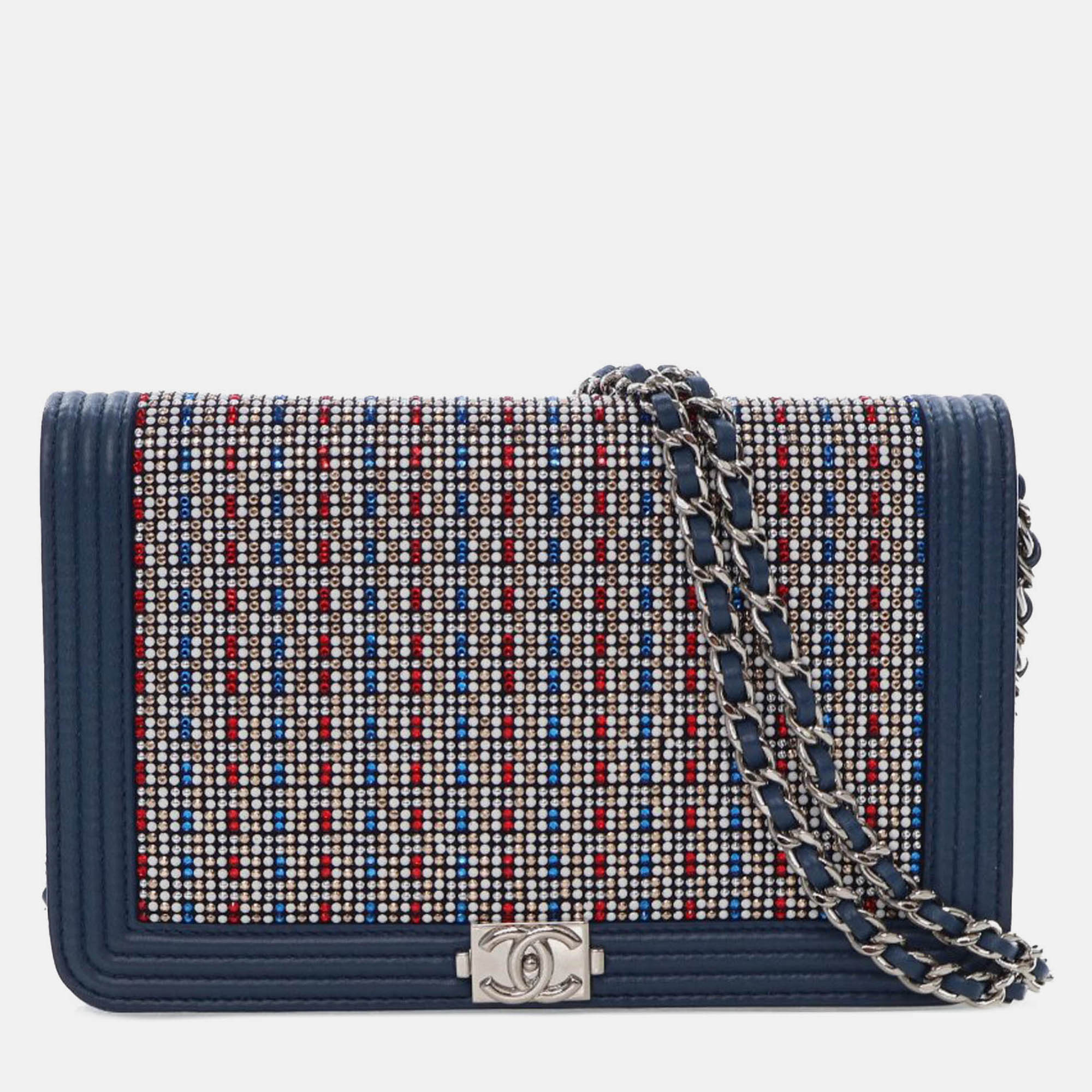 

Chanel Blue Crystal Embellished Lambskin Boy Wallet On Chain