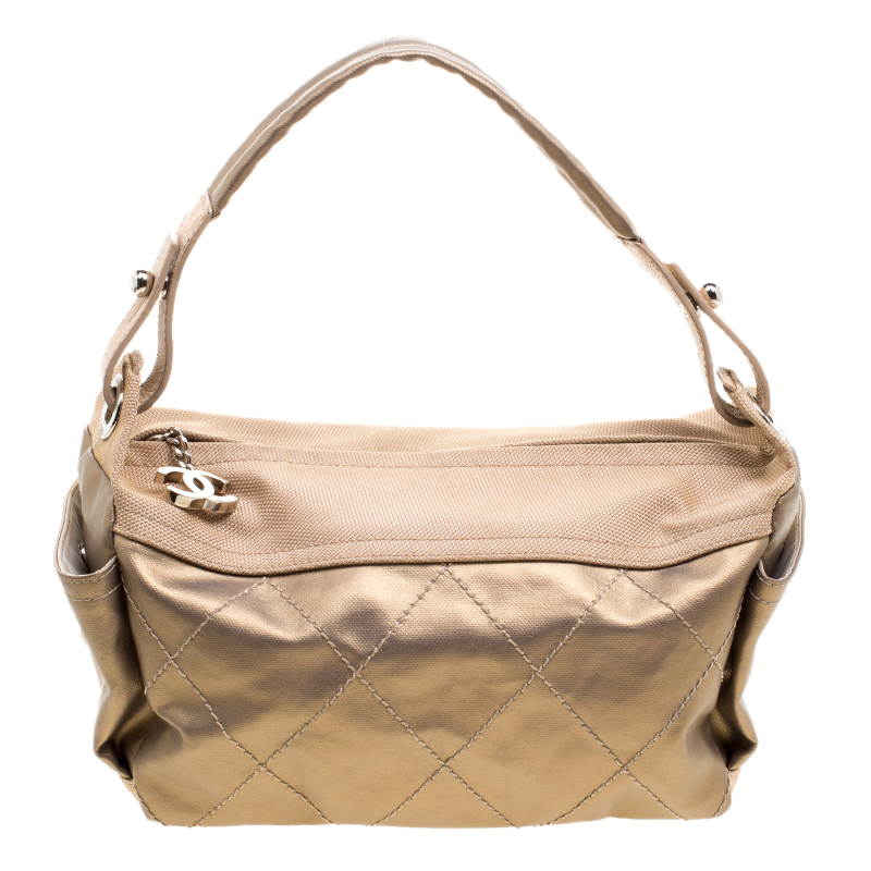 Chanel Gold Quilted Coated Canvas Medium Paris Biarritz Hobo