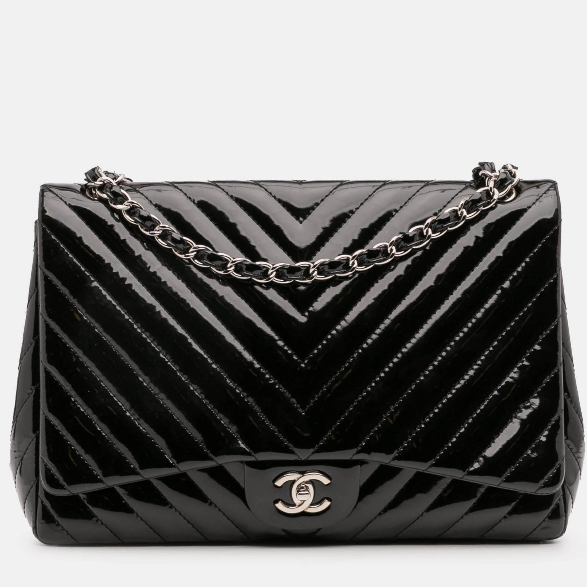

Chanel Black Maxi Classic Chevron Patent Single Flap Bag
