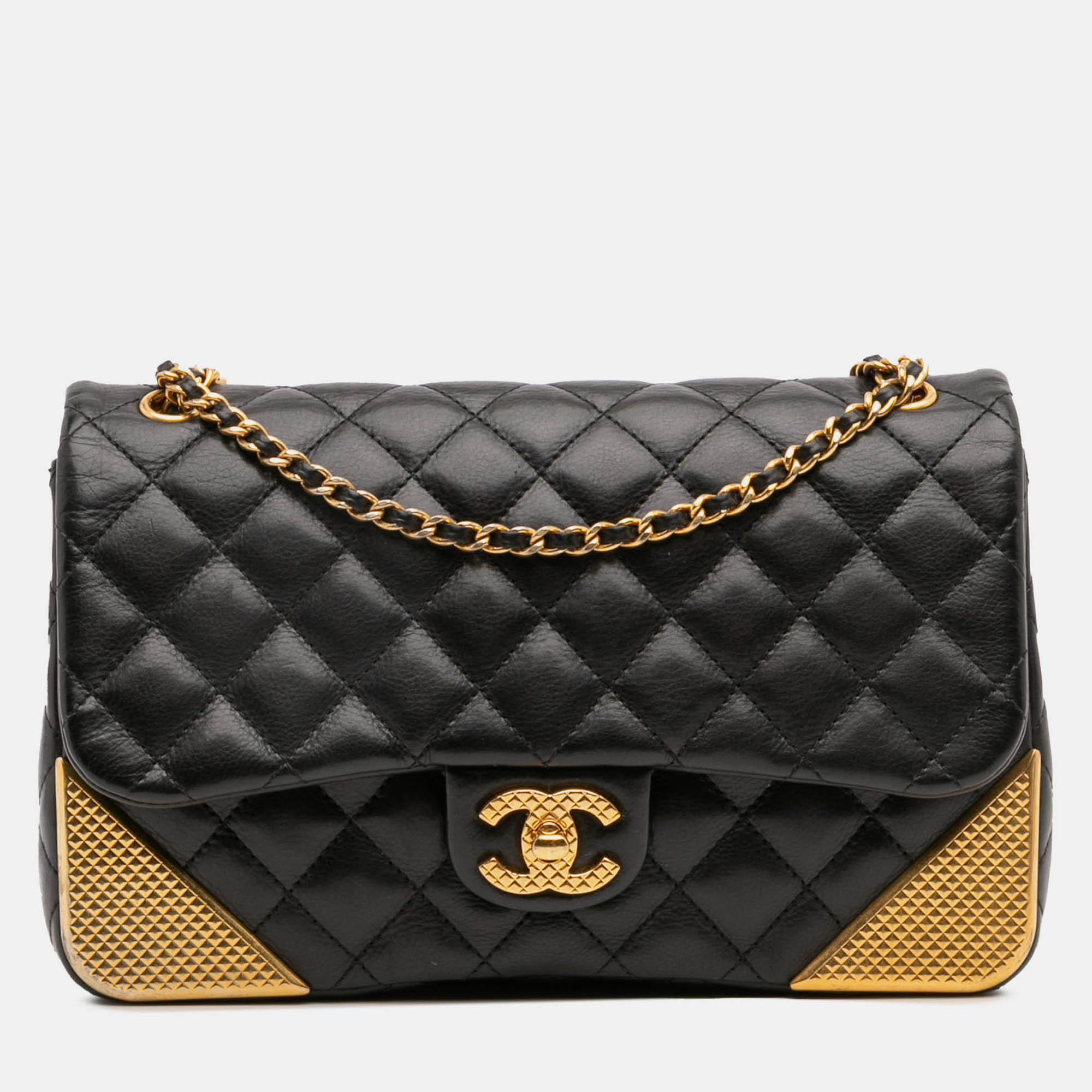

Chanel Black Gold Quilted Calfskin Rock The Corner Flap