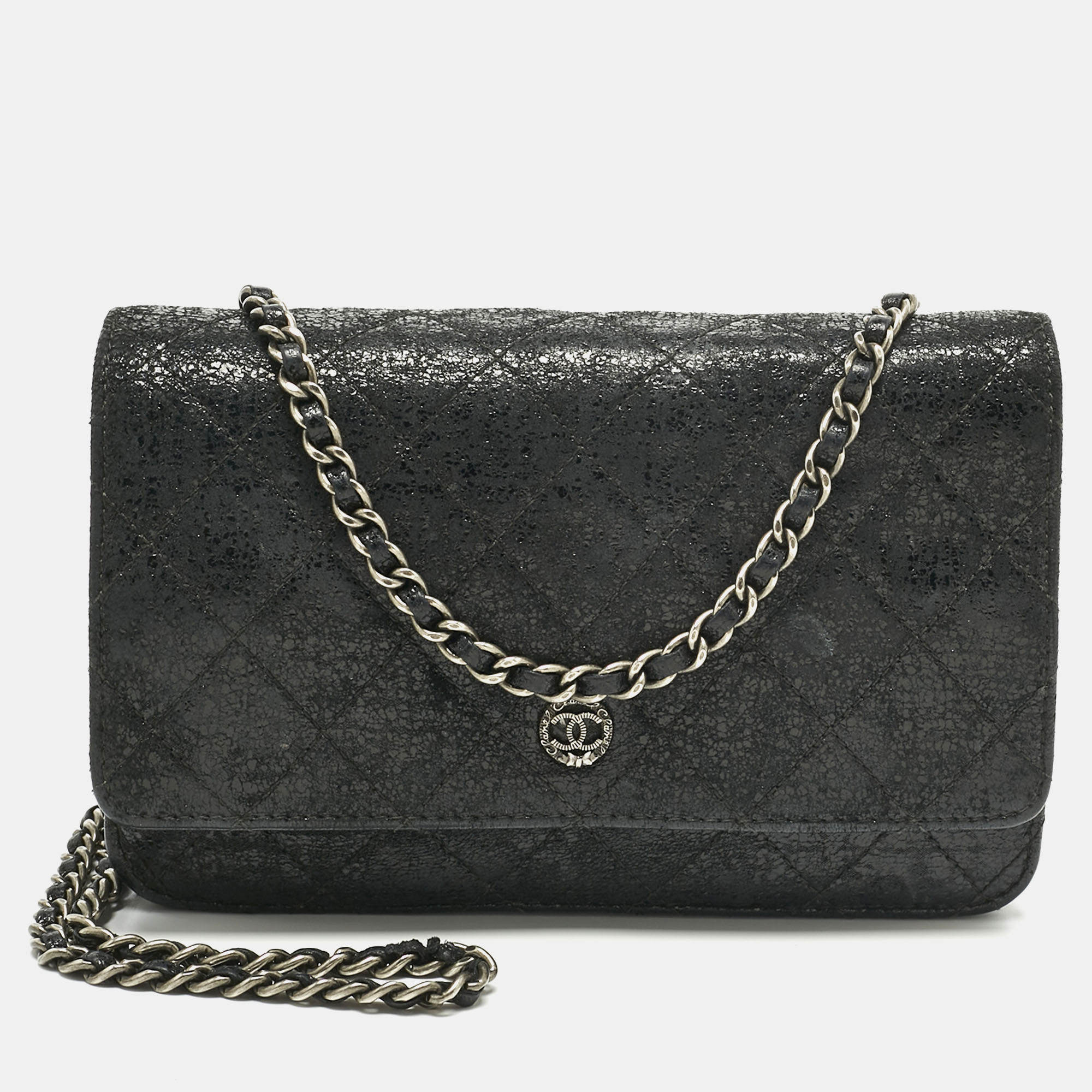 

Chanel Black Quilted Crackled Leather CC Wallet on Chain