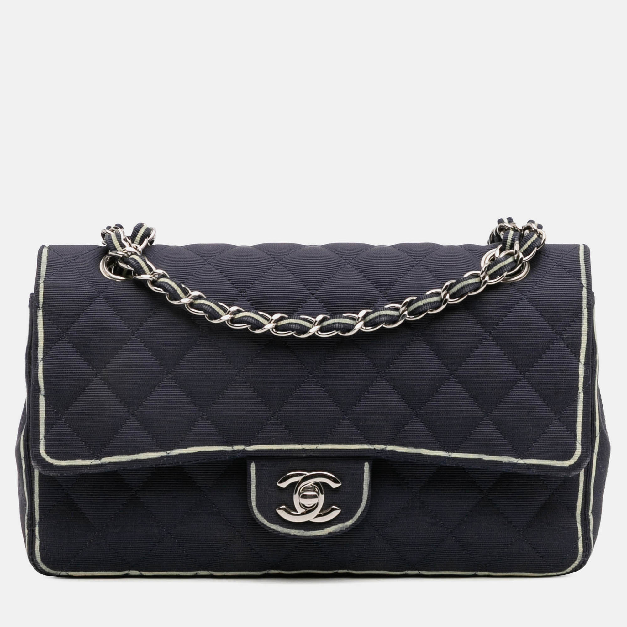 

Chanel Navy Blue Medium Classic Printed Grosgrain Double Flap