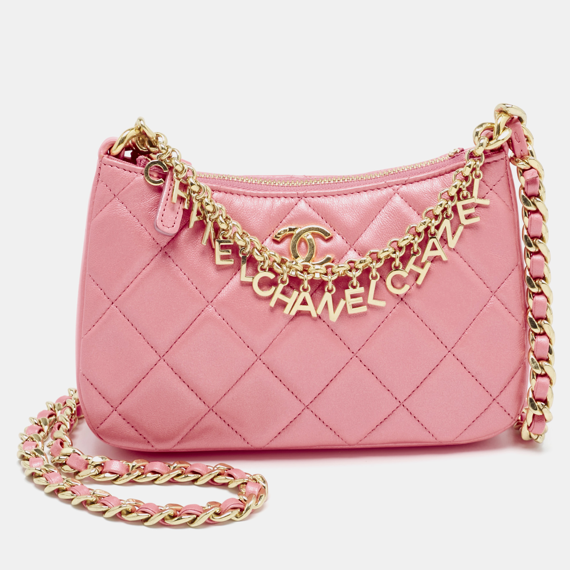 

Chanel Metallic Pink Quilted Leather Charms Hobo