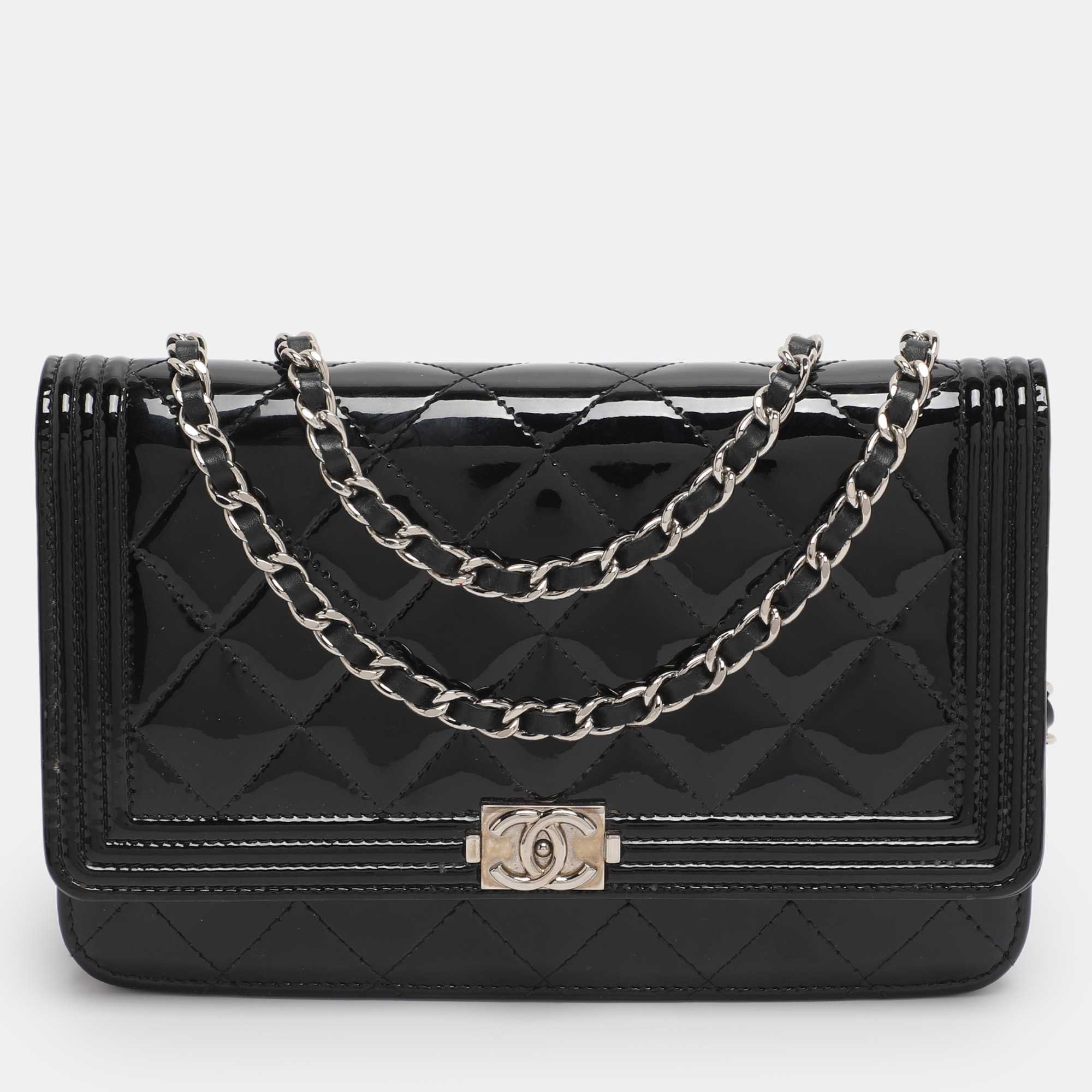 

Chanel Black Patent Leather Boy Wallet On Chain