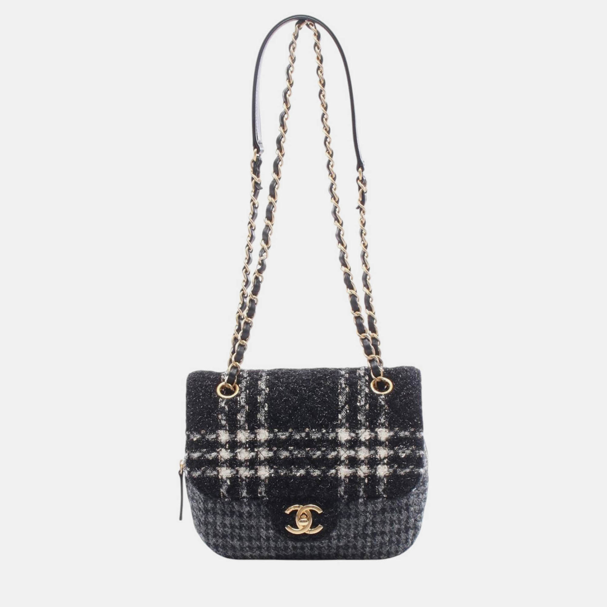 Chanel Black Grey Small CC Wool Tweed Flap