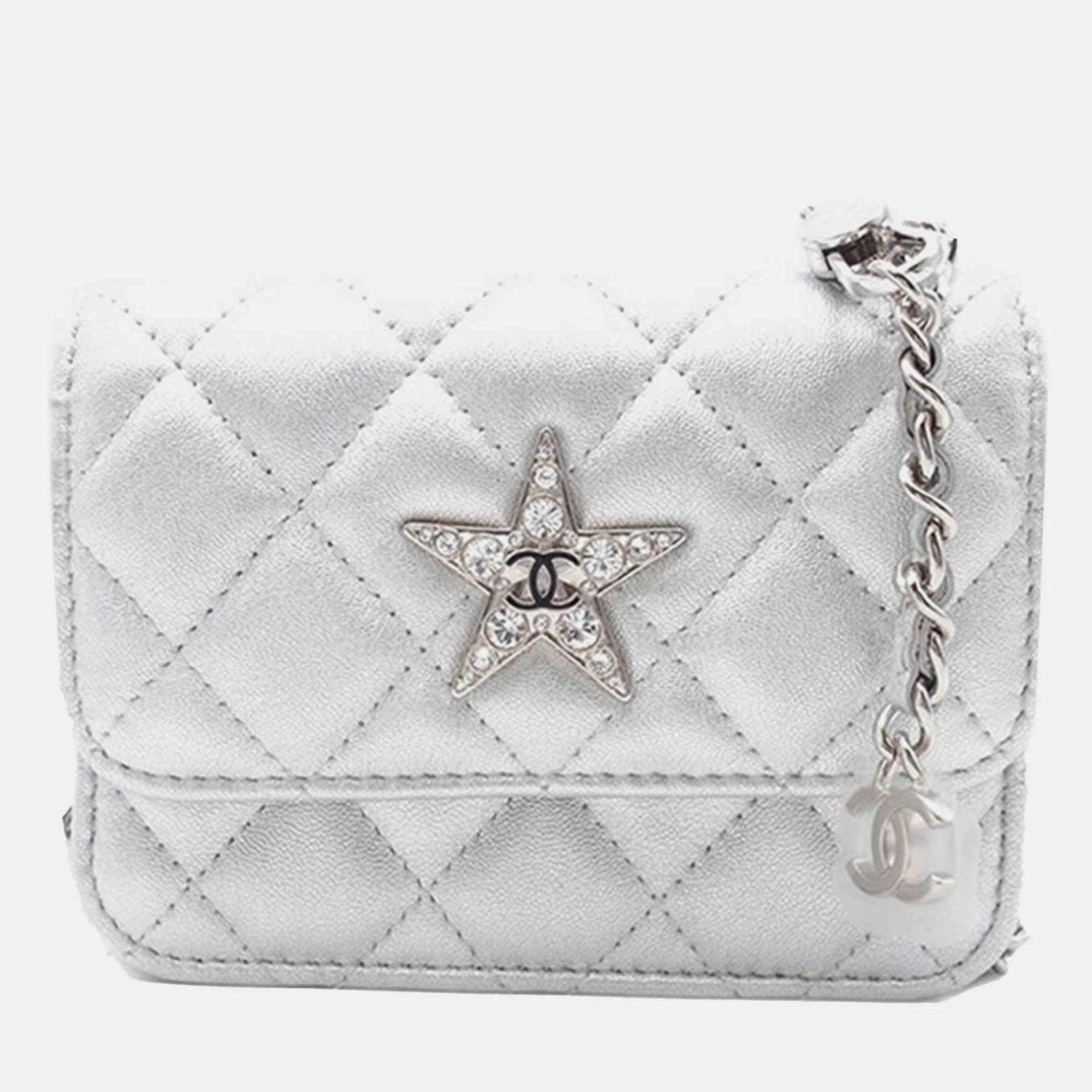 

Chanel Silver Quilted Metallic Lambskin Crystal Star Chain Flap