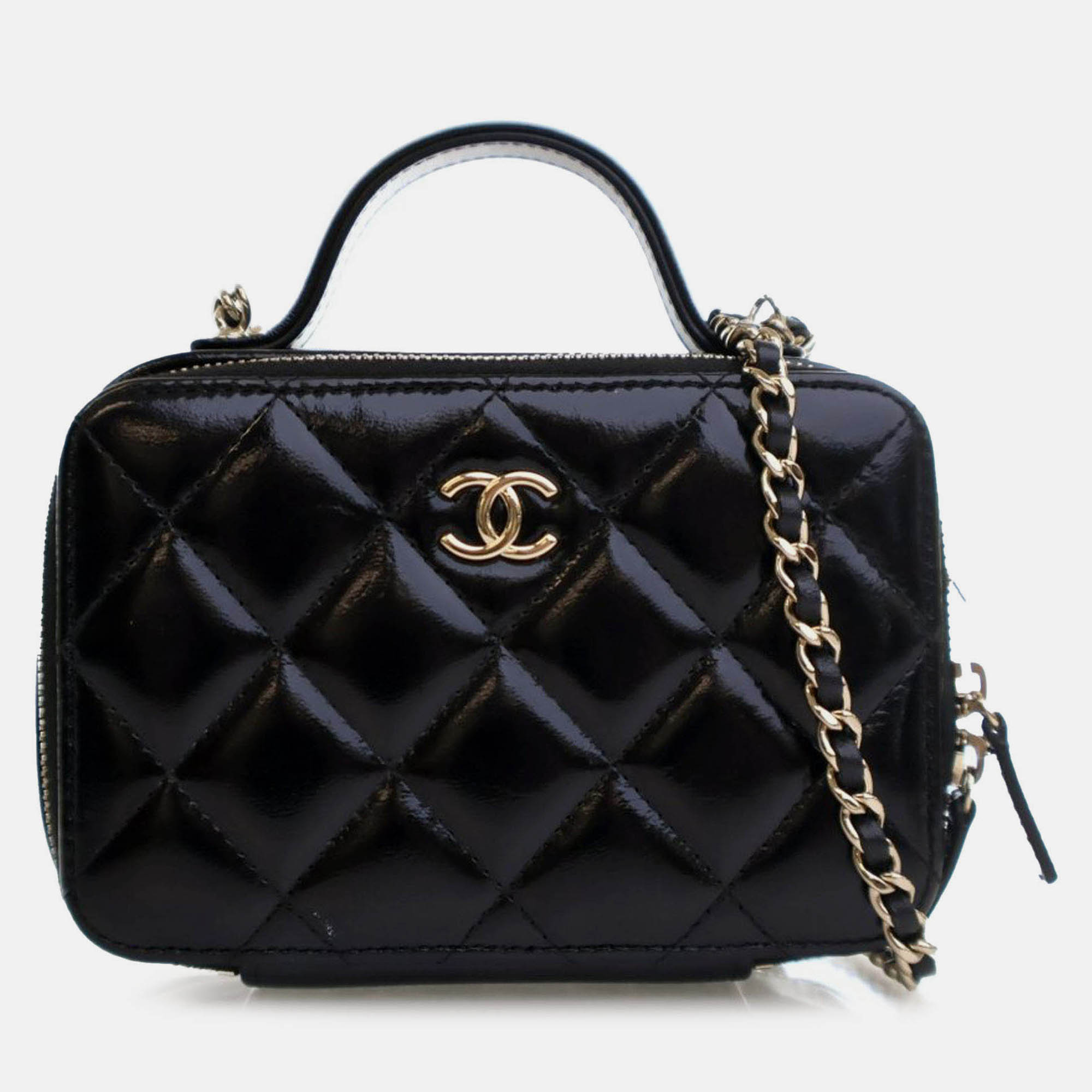 

Chanel Black Mini CC Glazed Calfskin Double Zip Top Handle Vanity Case