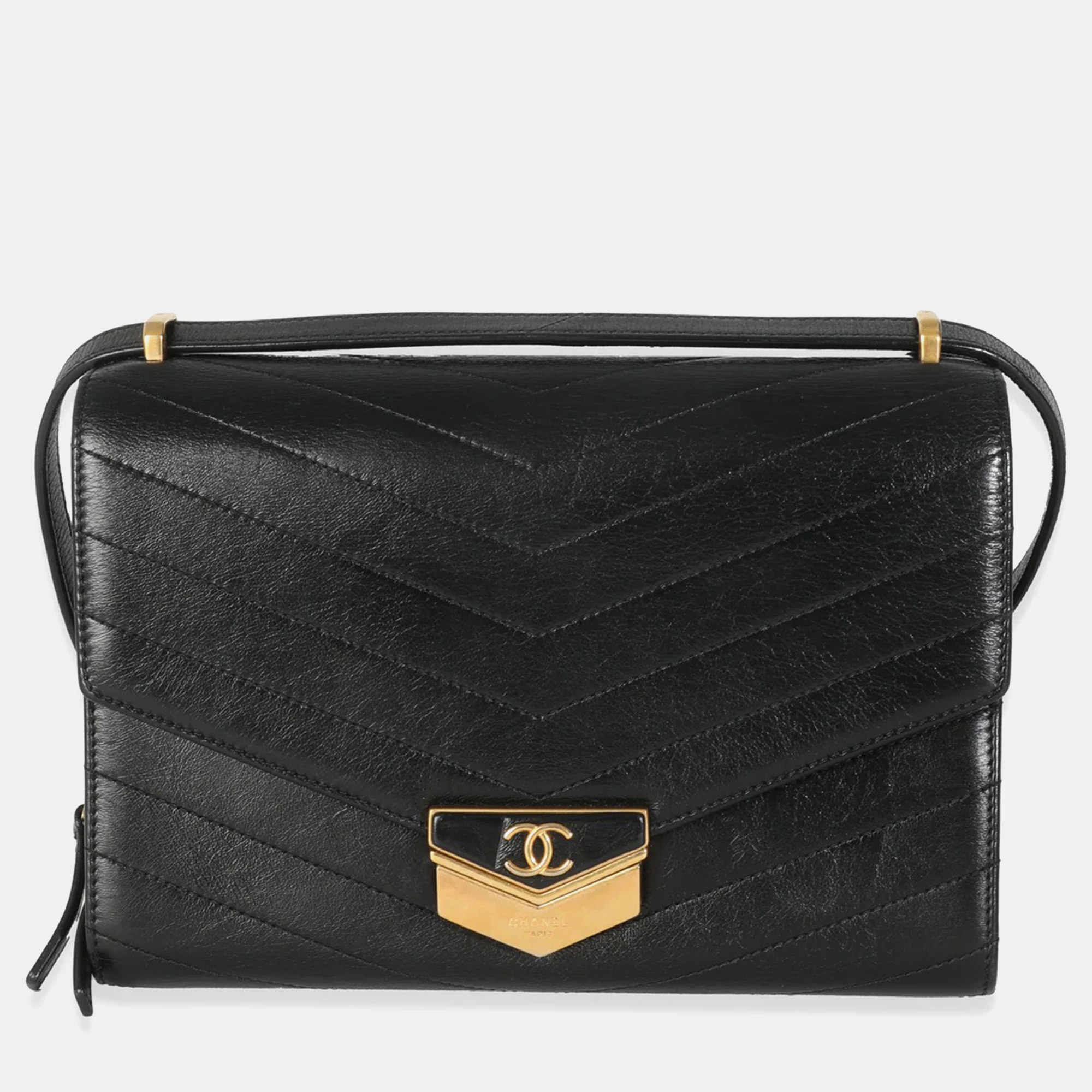 

Chanel Black Chevron Quilted Calfskin Medal Flap Bag