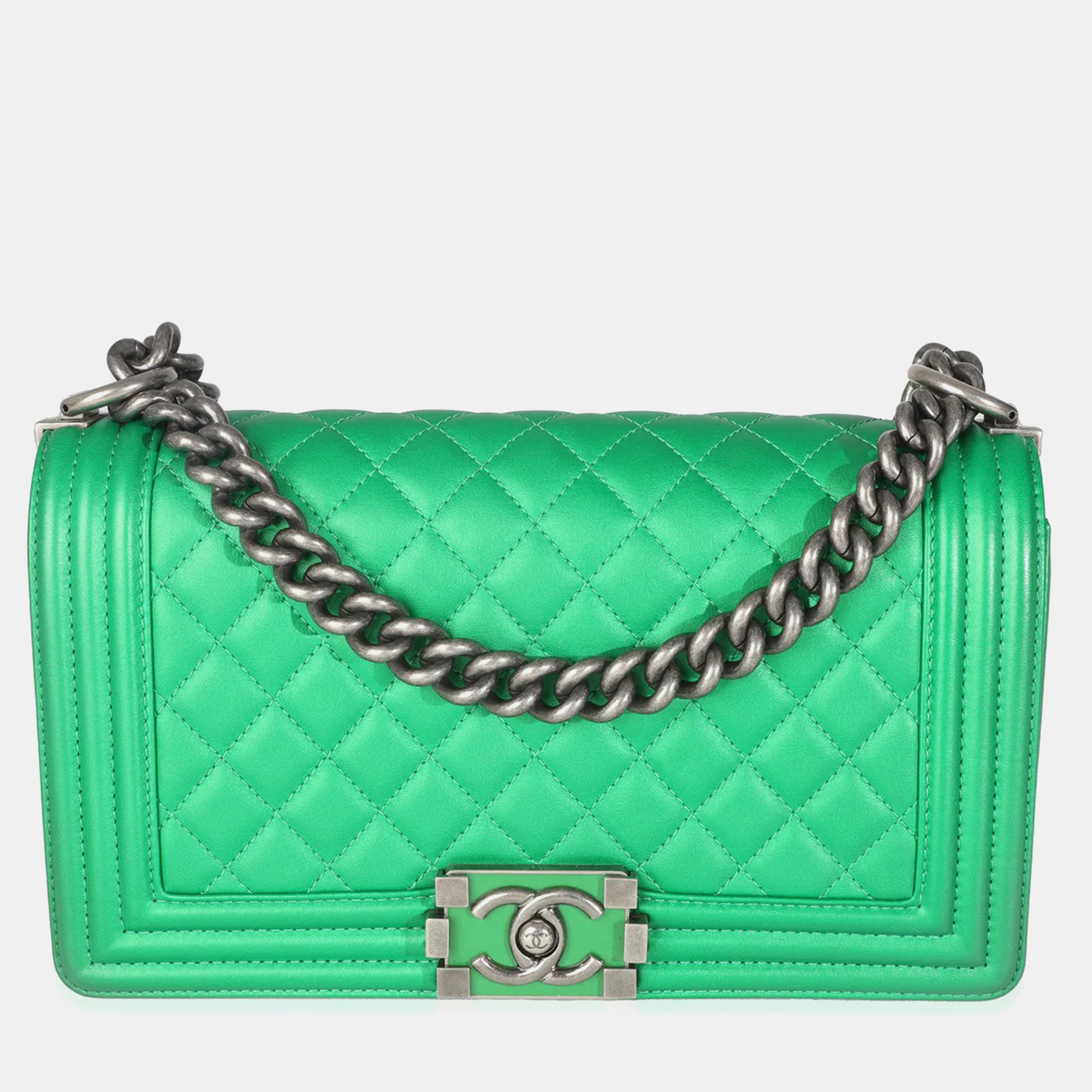 

Chanel Green Quilted Lambskin Enamel CC Old Medium Boy Bag