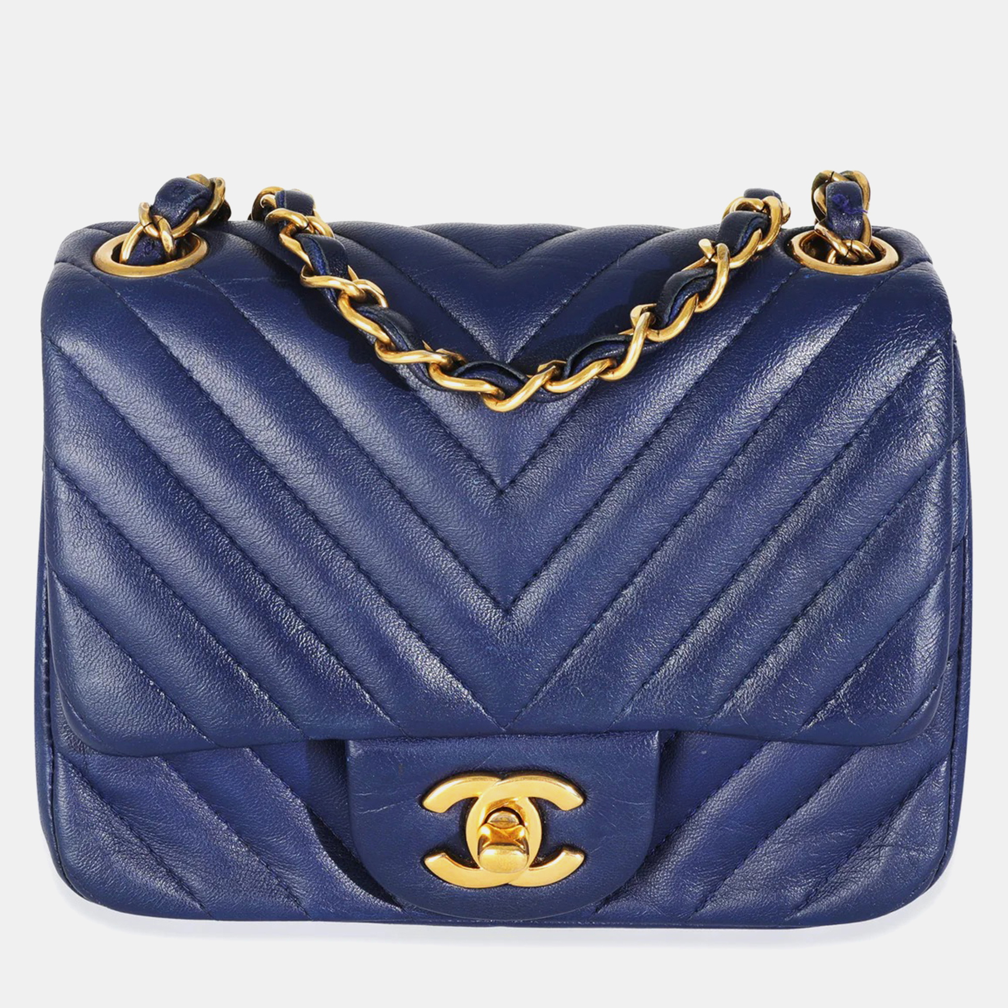 

Chanel Navy Chevron Lambskin Mini Square Flap Bag, Navy blue