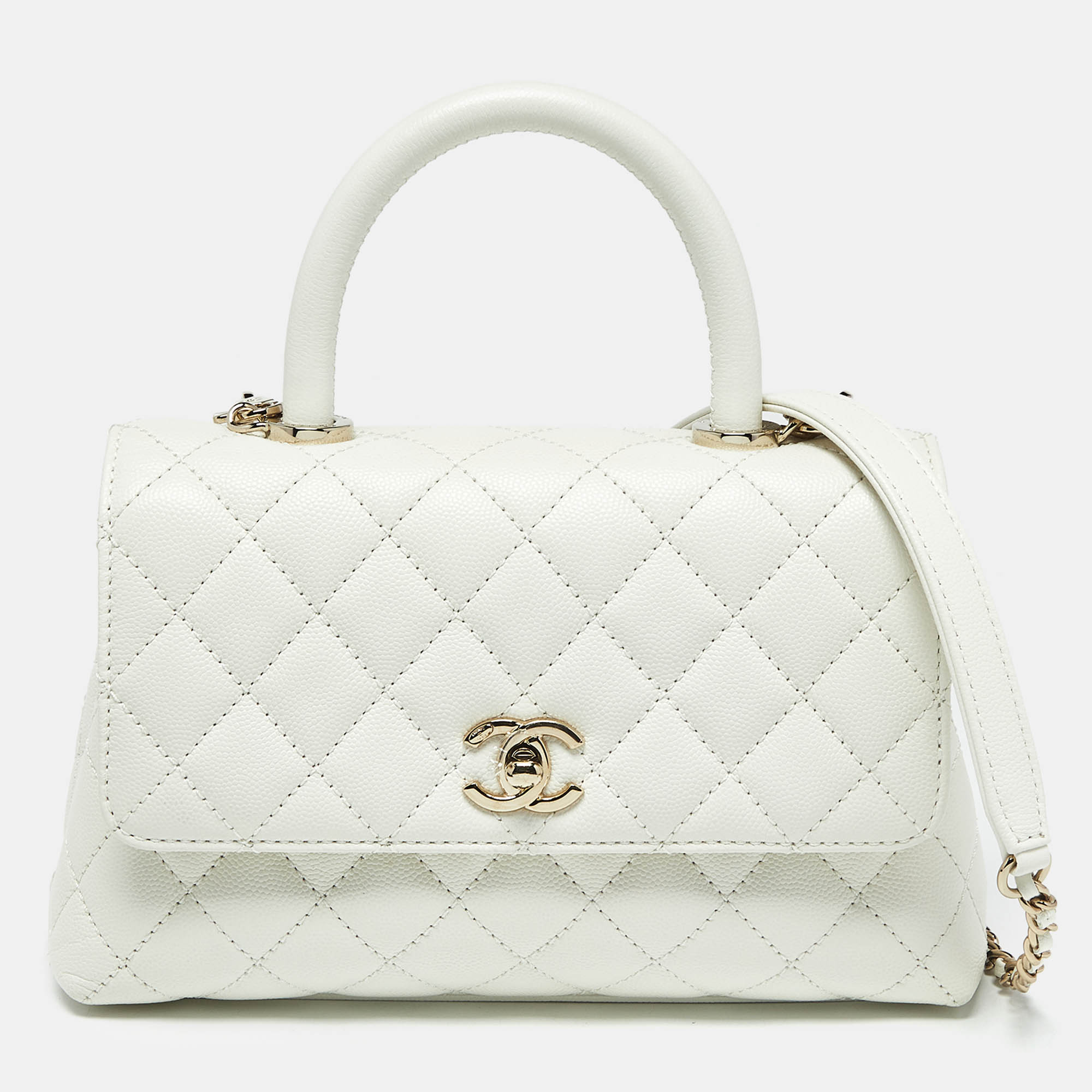 

Chanel White Quilted Caviar Leather Mini Coco Top Handle Bag