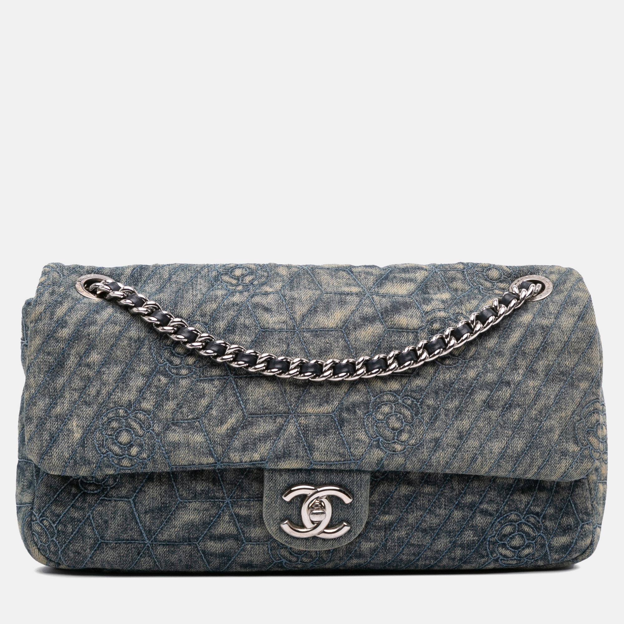 

Chanel Blue Large Embroidered Denim Camellia Flap