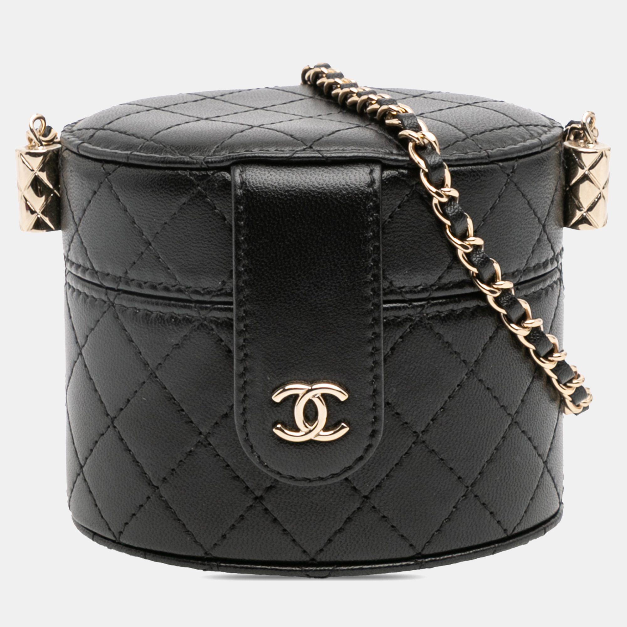 

Chanel Black Mini Quilted Lambskin Round Vanity Case with Chain