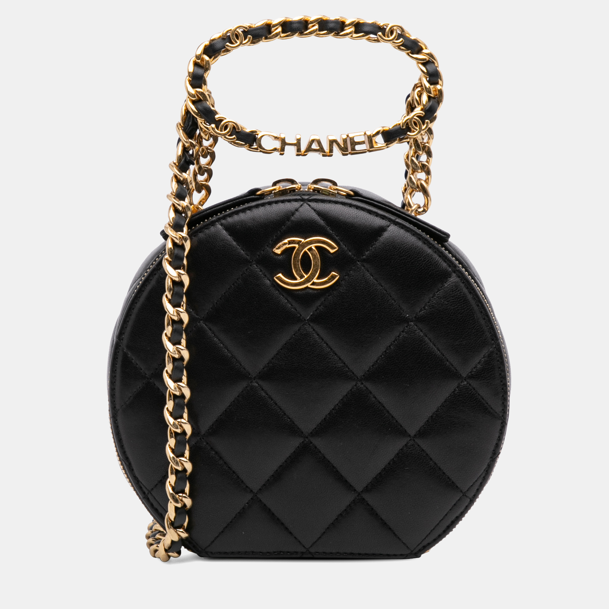 Pre-owned Chanel Black Quilted Lambskin Oval Logo Chain Top Handle Round Clutch On Chain