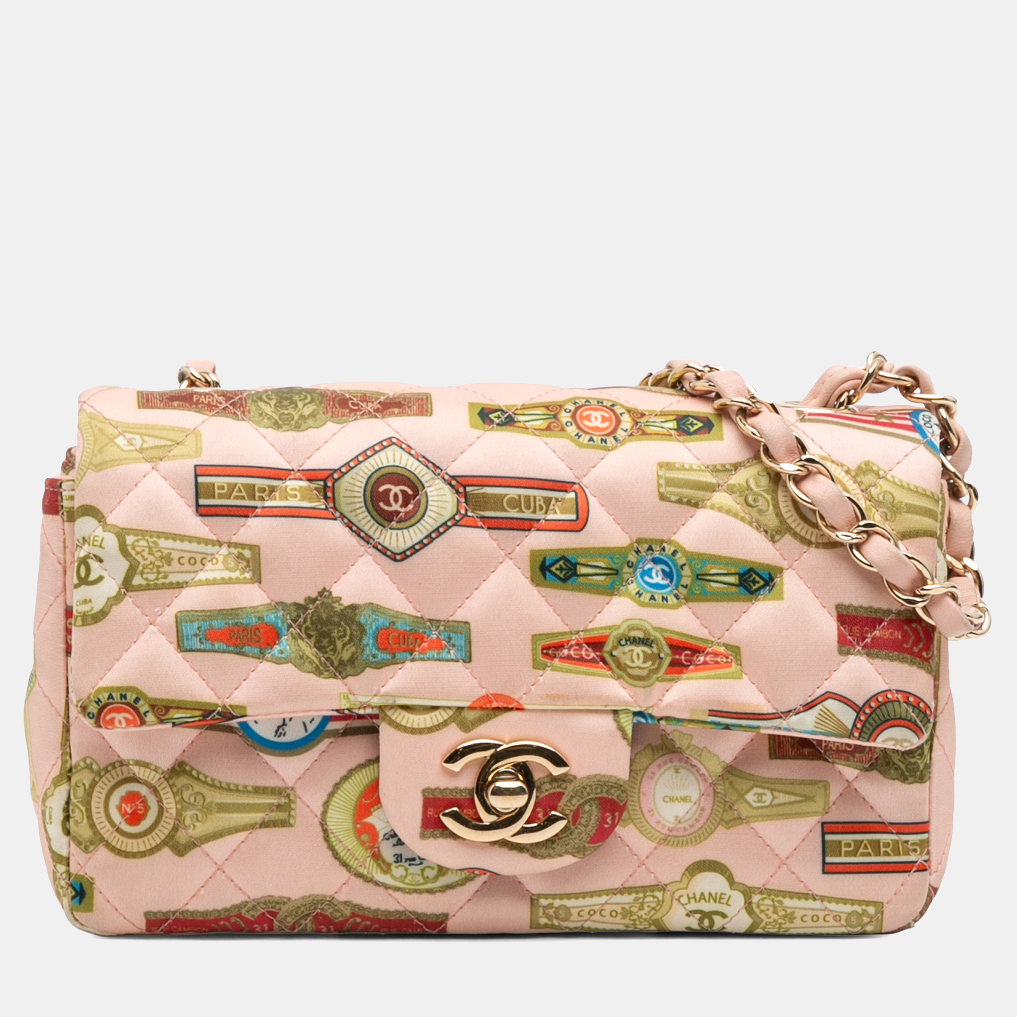 

Chanel Pink Mini Rectangular Classic Printed Satin Cuba Single Flap