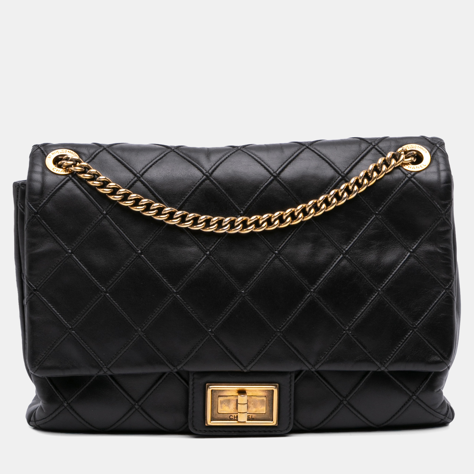 

Chanel Black Large Reissue 2.55 Diamond Debossed Calfskin Cosmos Flap